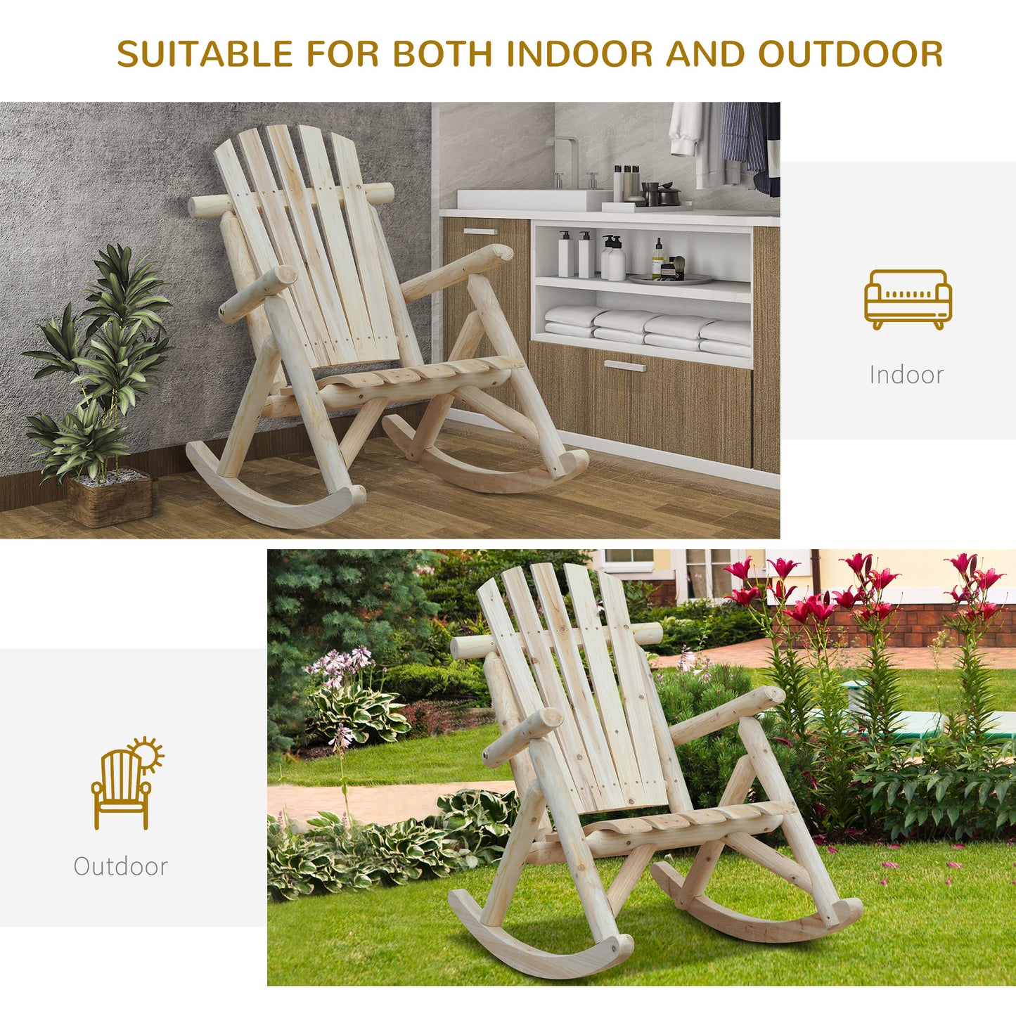 2 Piece Adirondack Chair Cedar Wood Ergonomic Rocking Chair Porch