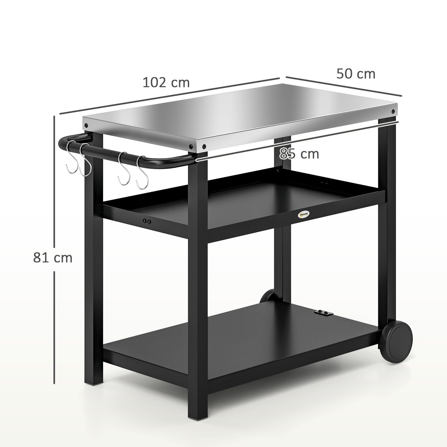 Outdoor Grill Dining Cart 3-Shelf Movable Pizza Oven Table Stand