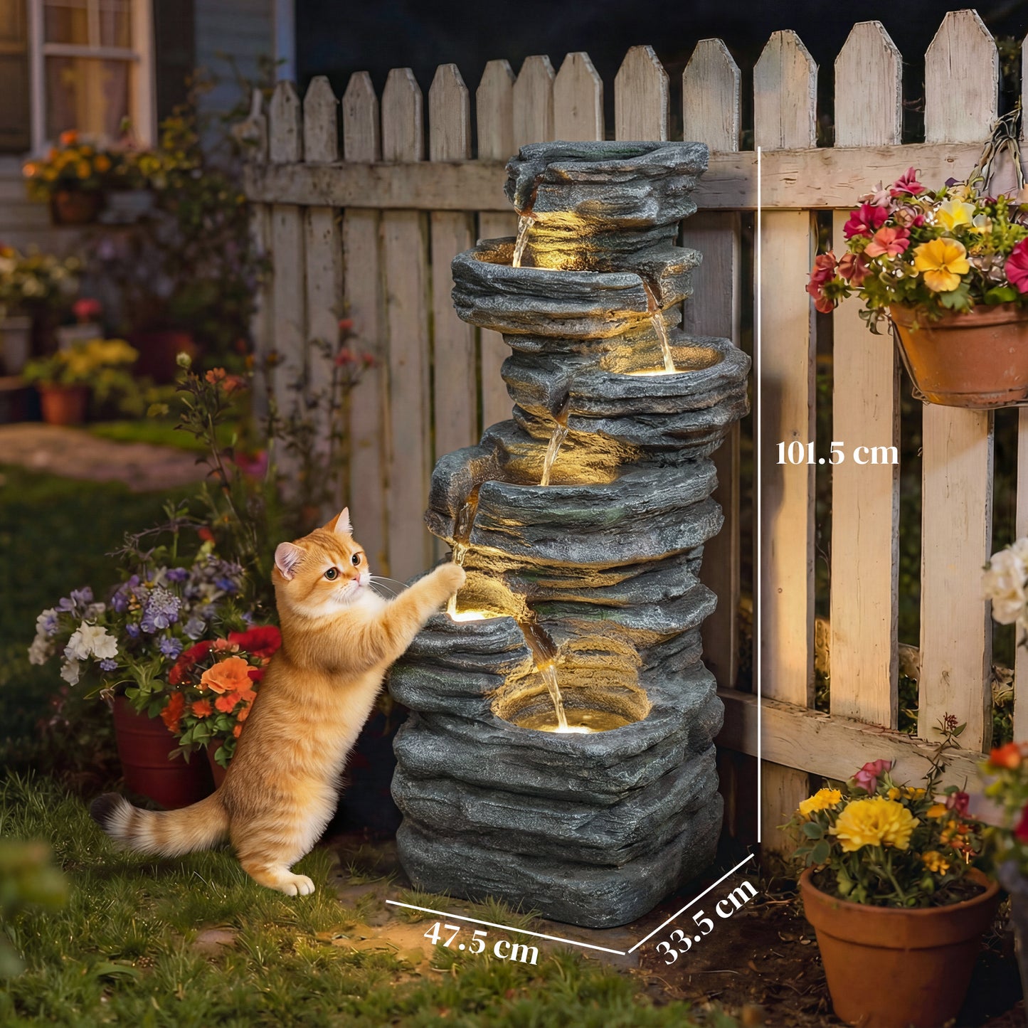 Outdoor Fountain, 6-Tier Cascading Waterfall Feature with LED Lights