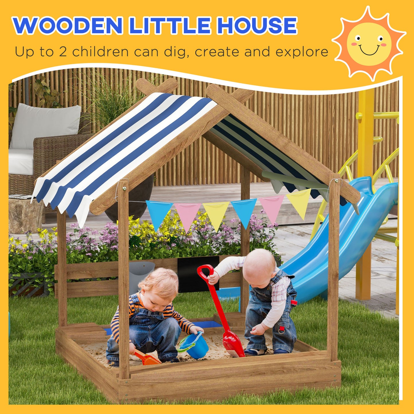 House-Designed Wooden Sandbox, Outdoor Sandpit, with Blackboard