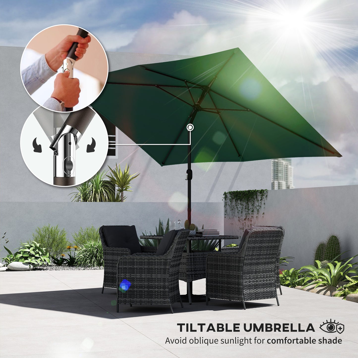 Garden Parasol, Parasol Umbrella with Crank Handle, Tilt Function