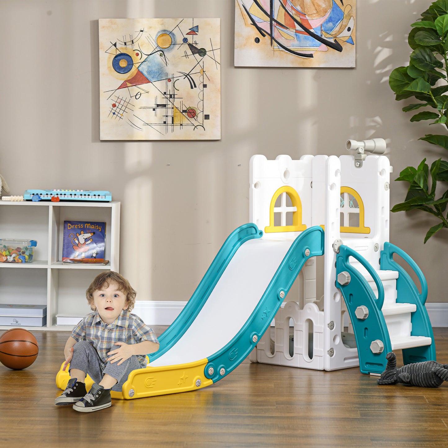 5 in 1 Toddler Slide with Basketball Hoop, Climber, Telescope
