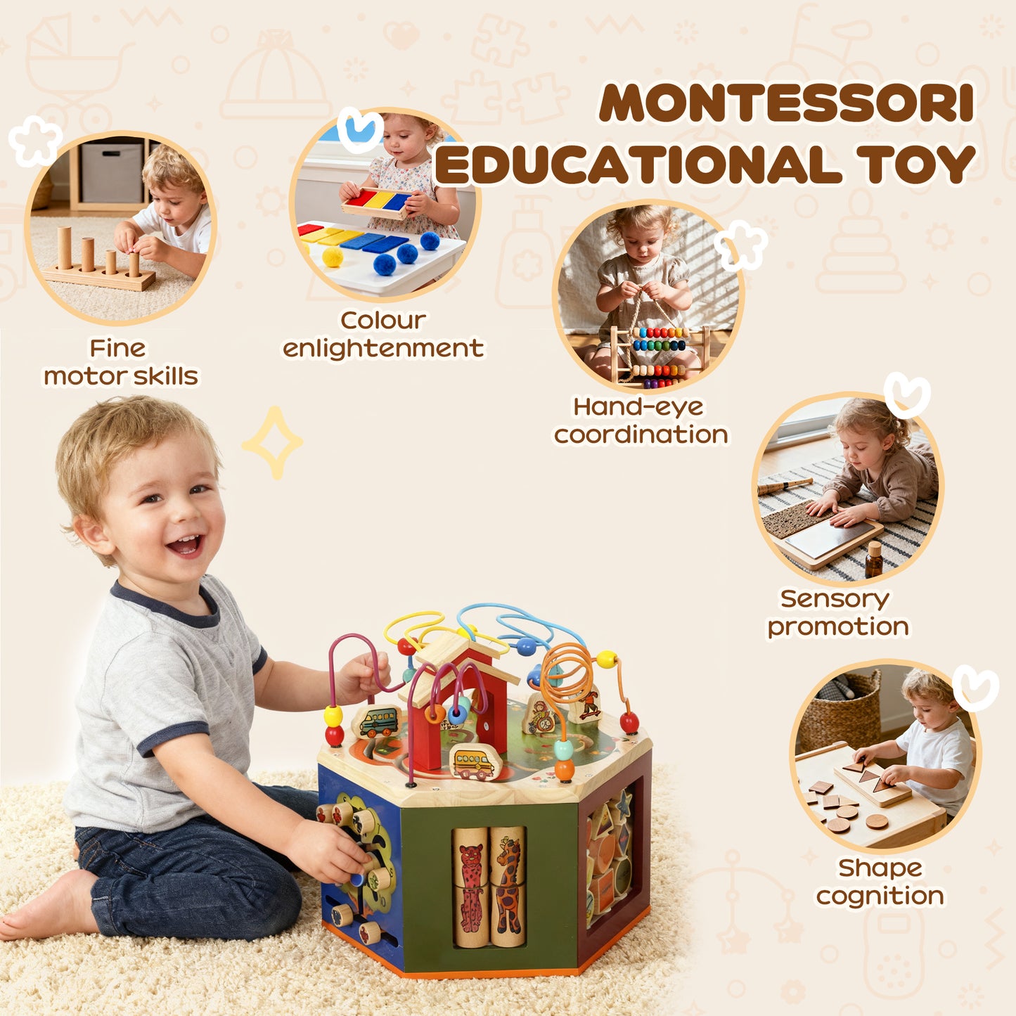 8 in 1 Wooden Activity Cube with Bead Maze, Shape Sorter