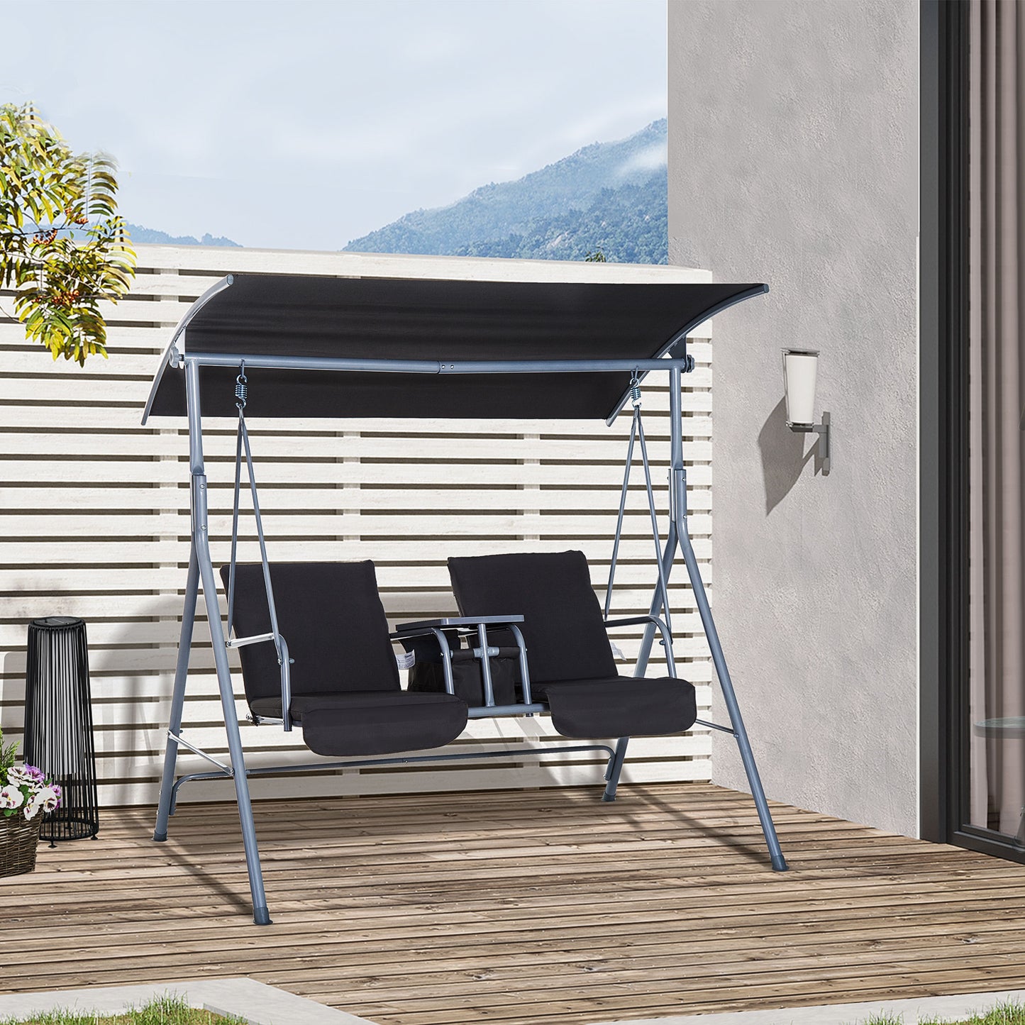 Steel Frame 2-Seater  Swing Chair w/ Table