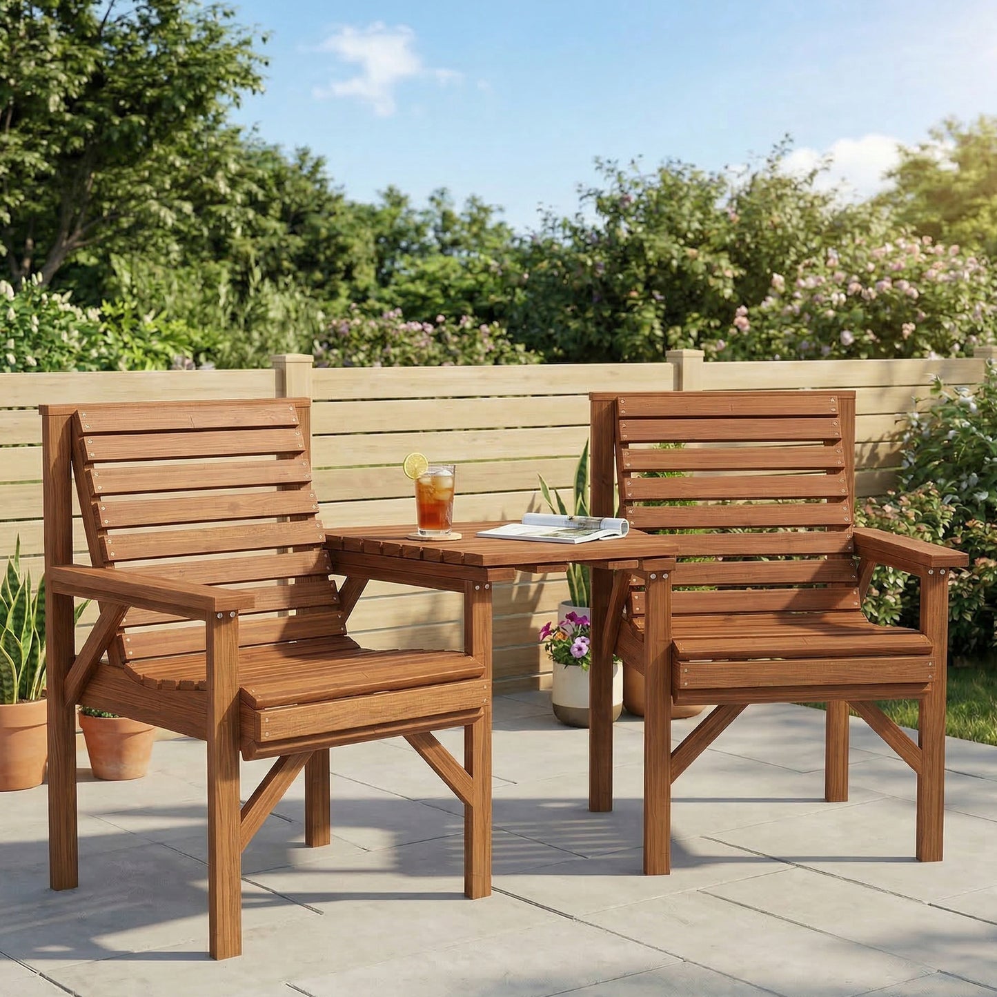 Wooden Garden Love Seat w/ Coffee Table Umbrella Hole, Tan