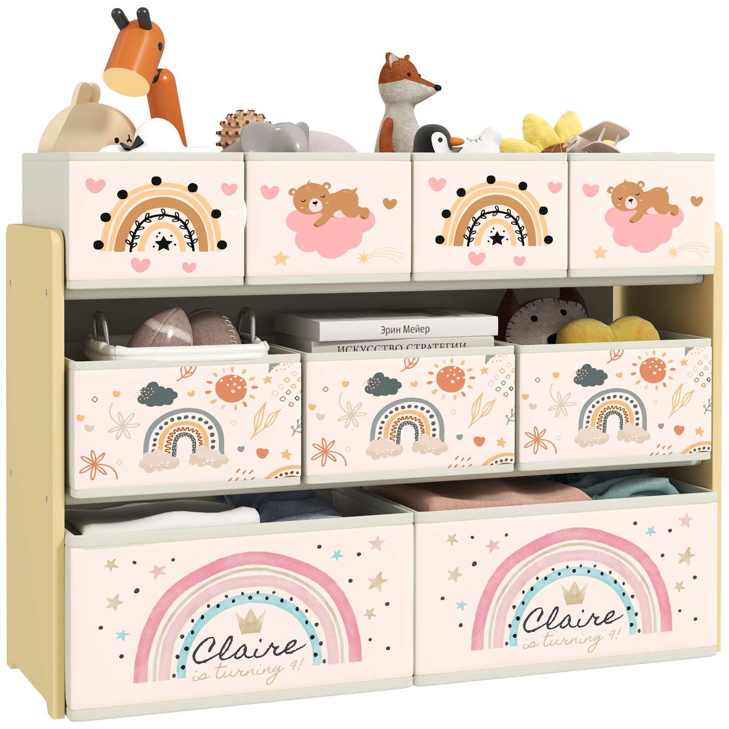 3-Tier Kids Storage Unit with 9 Non-Woven Fabric Boxes for Toys