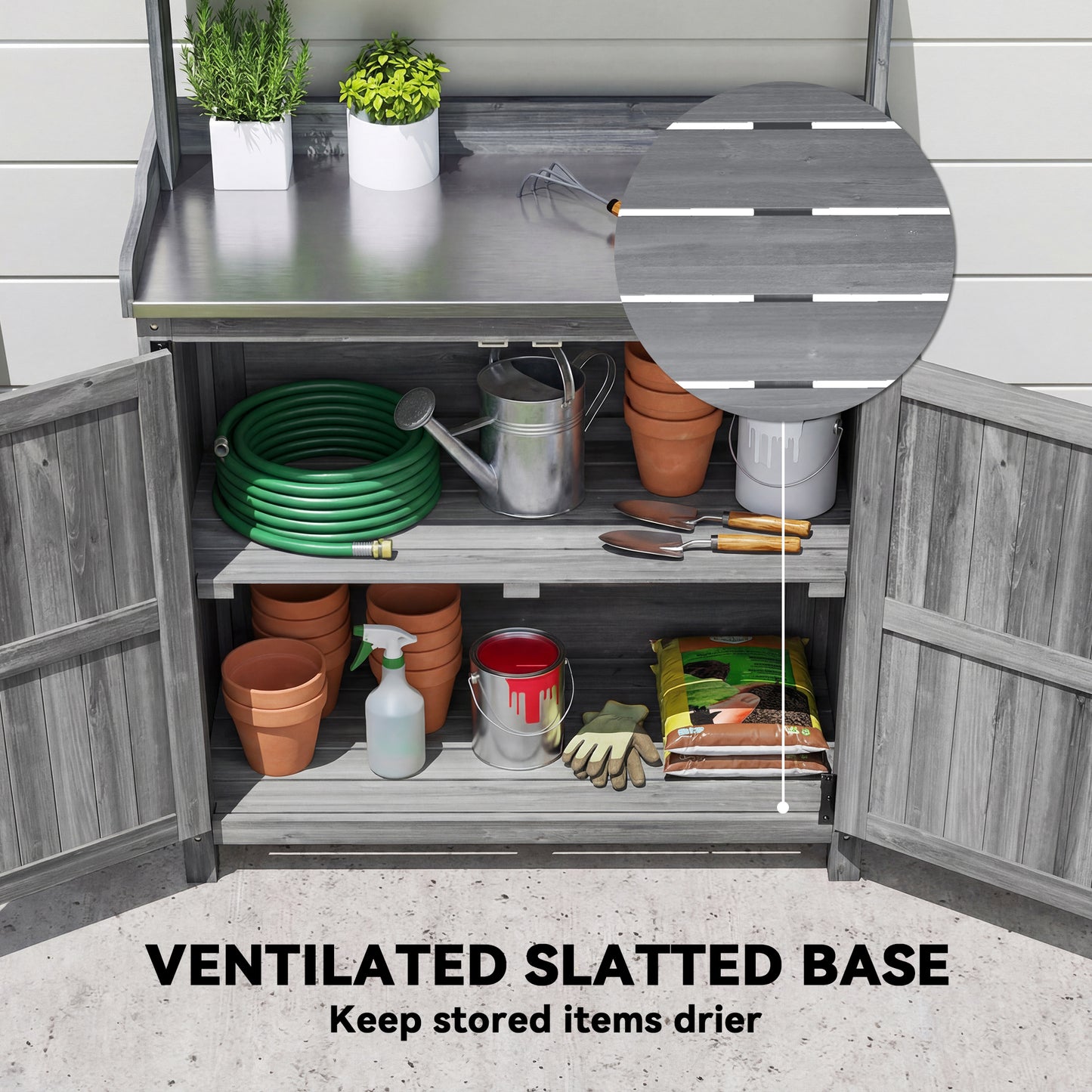 Wooden Potting Bench Table with Aluminium Worktop