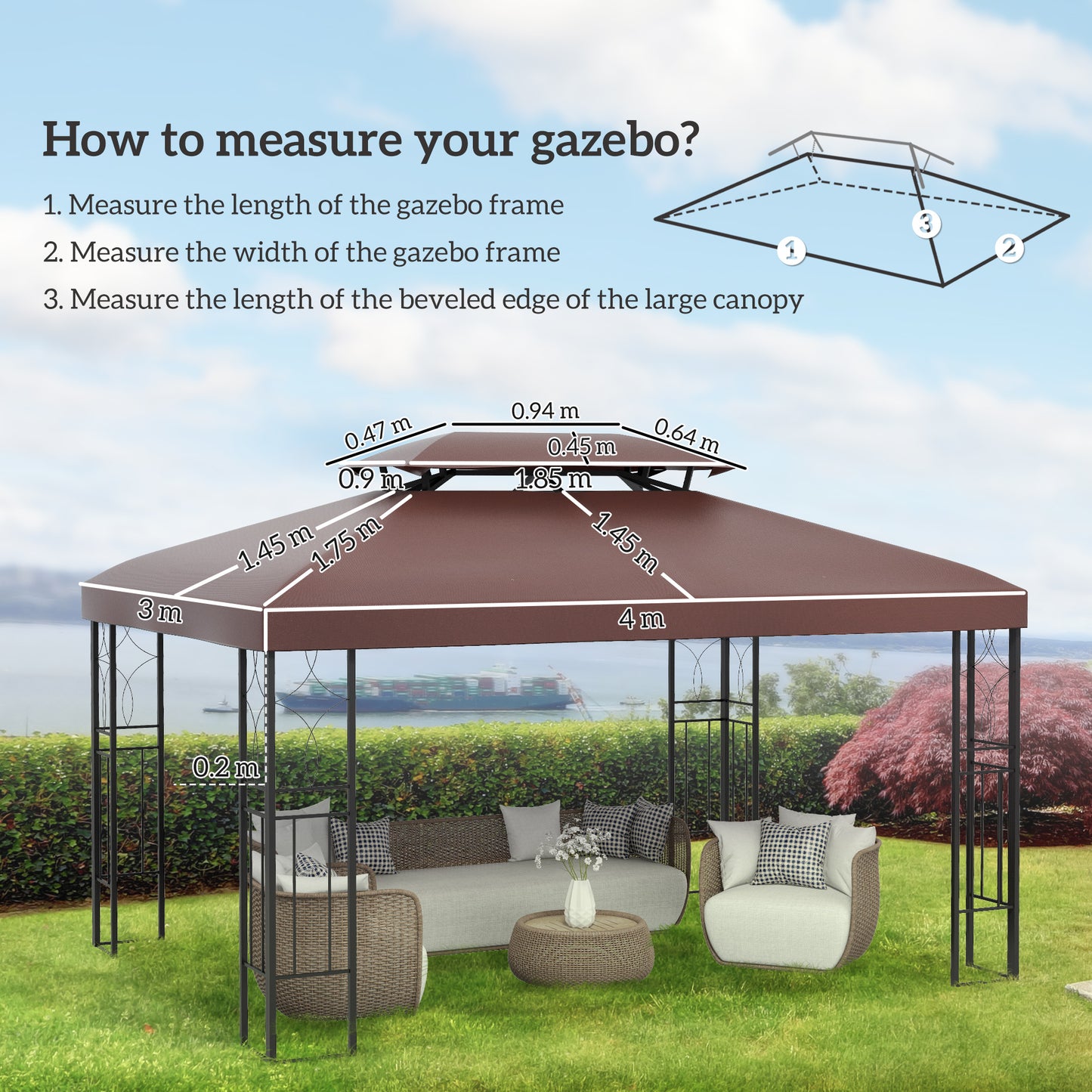 3x4m Gazebo Replacement Roof Canopy 2 Tier Top UV Cover Garden