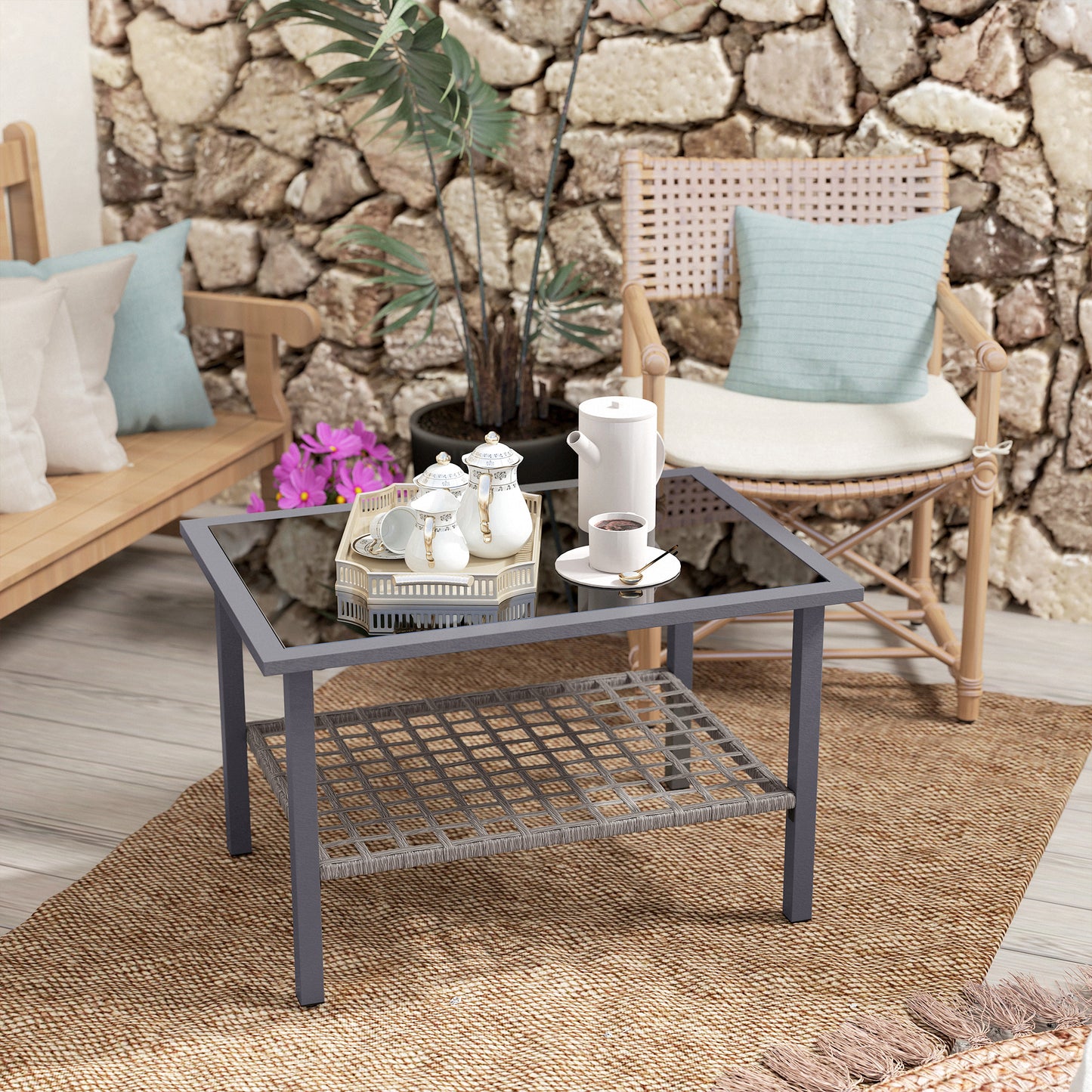 Outdoor Rattan Coffee Table with Tempered Glass Top, Storage Shelf