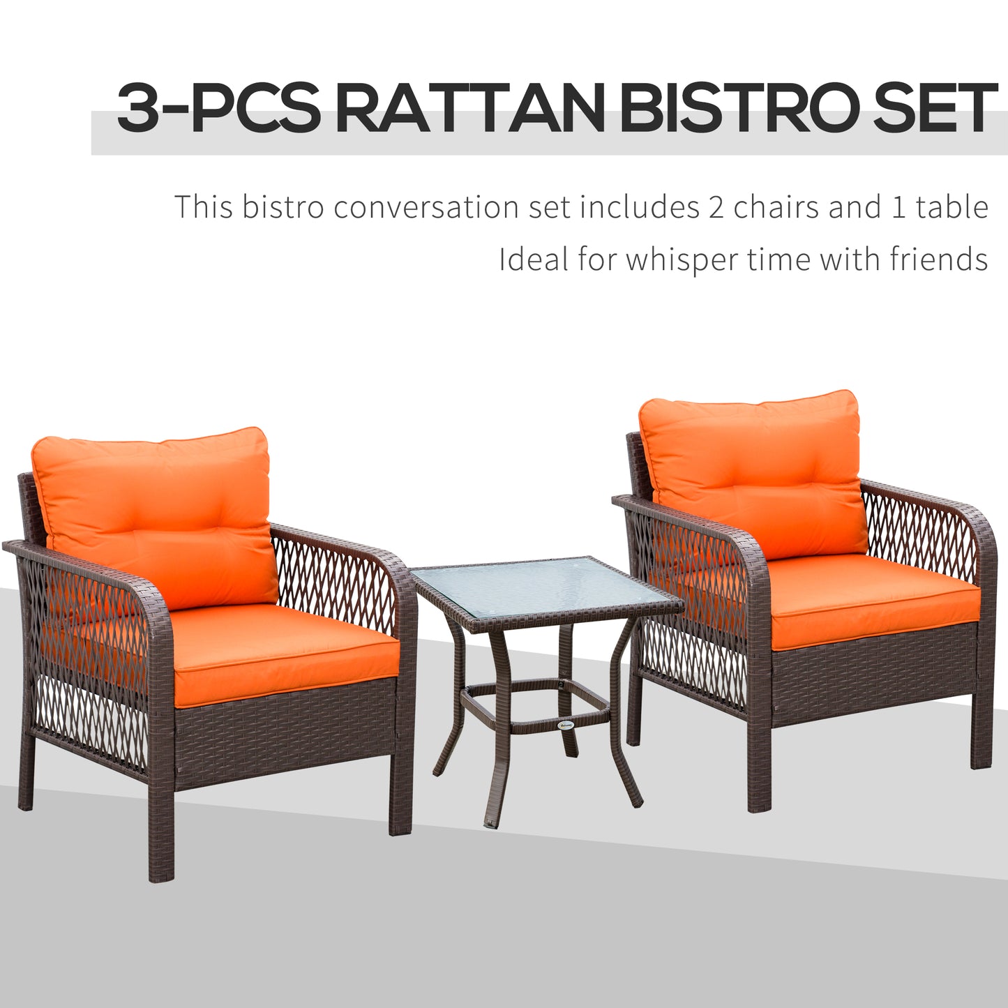 3 Pieces Rattan Bistro Set with Glass Top Coffee Table