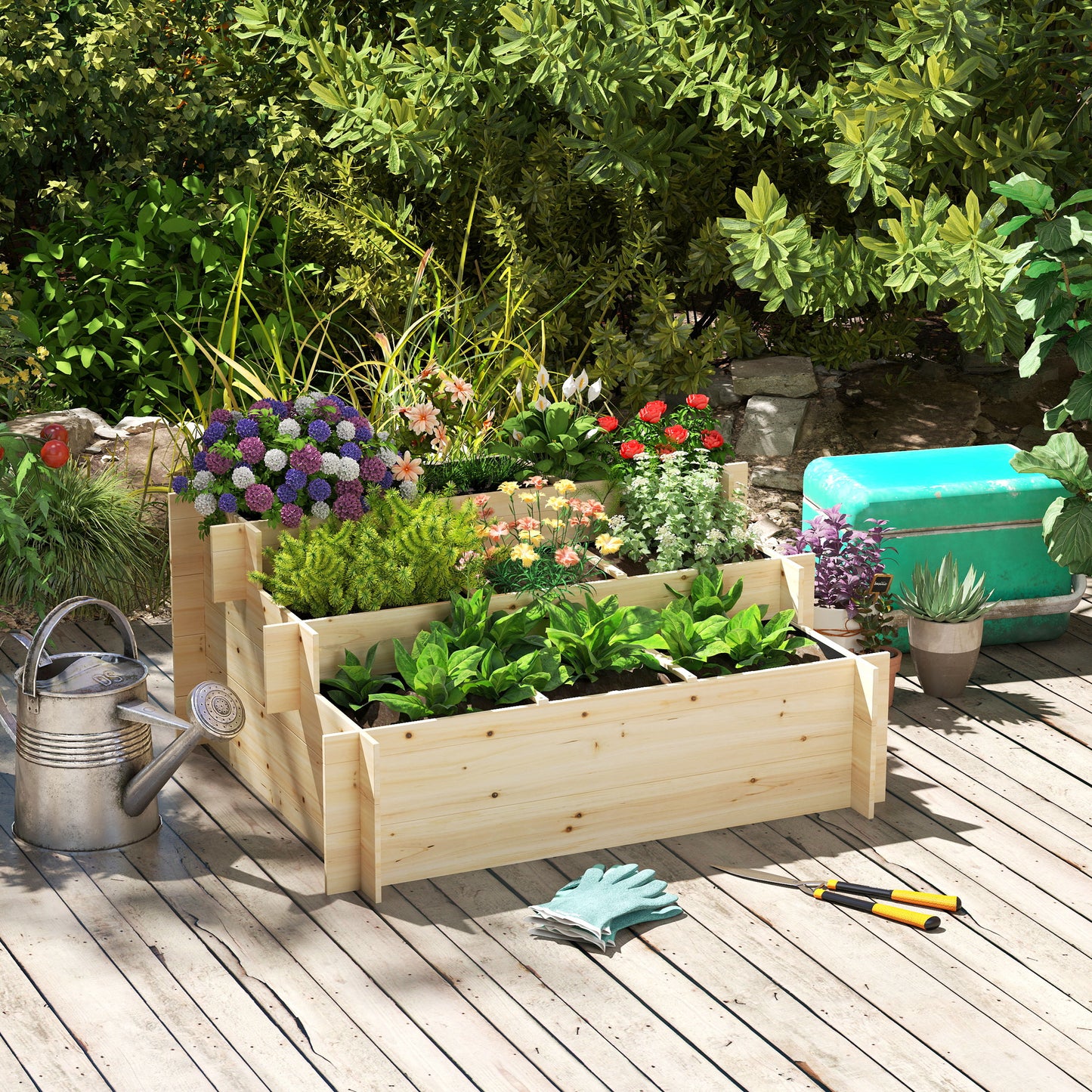 117cm x 100cm x 54cm 3 Tier Raised Garden Bed 376L Fir Wood