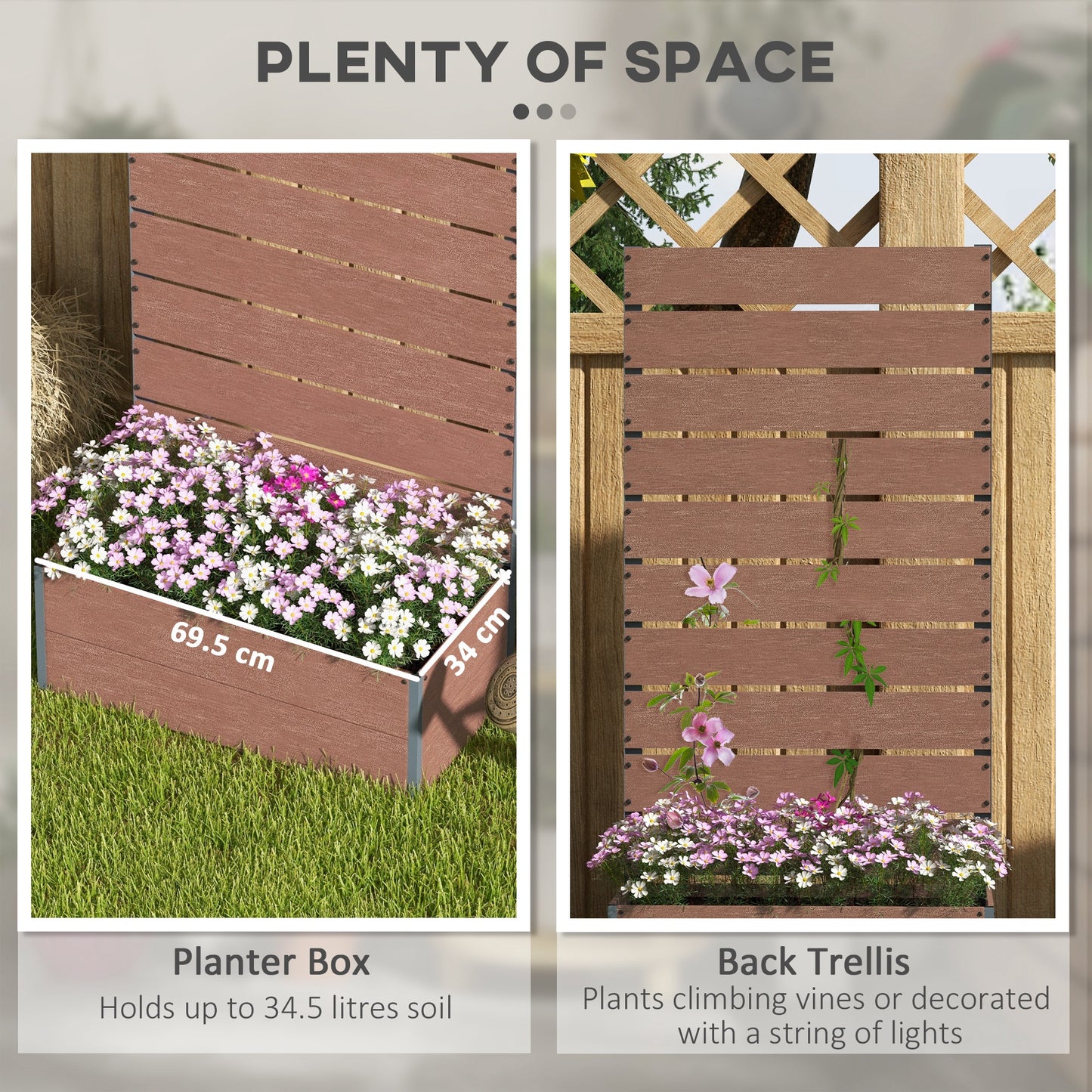 34 x 69.5cm Garden Planter Box, with Back Trellis
