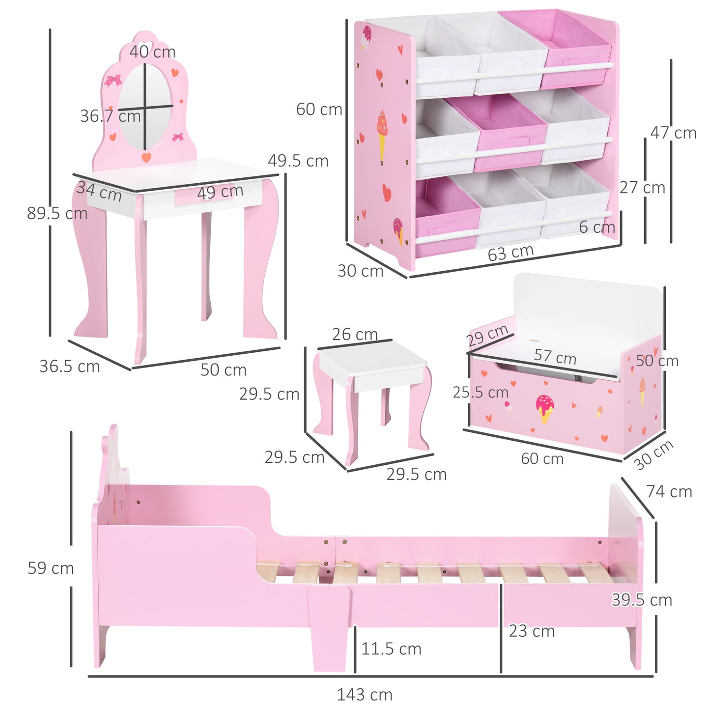 5PCs Kids Bedroom Furniture Set with Bed, Toy Box Bench