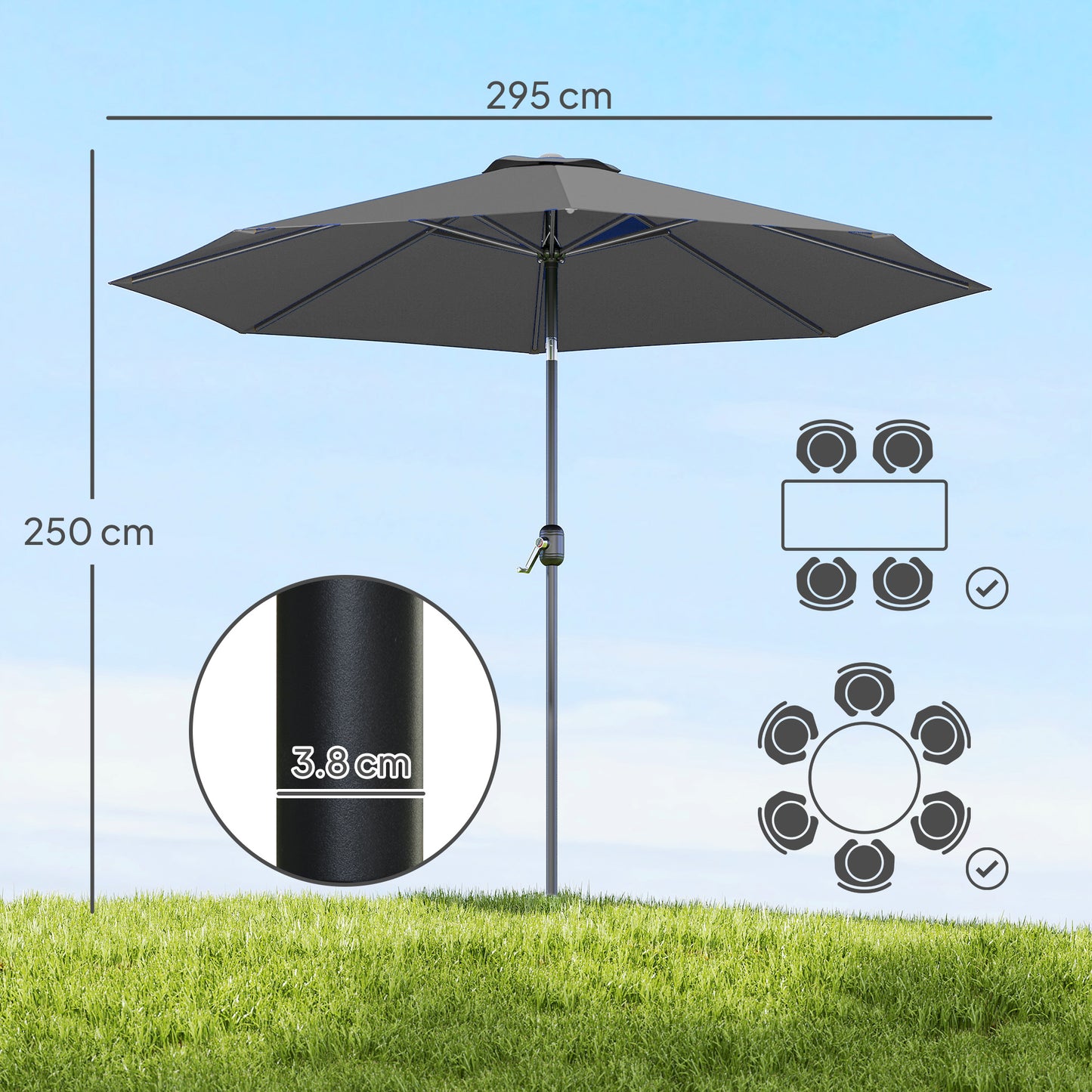 3(m) Tilting Parasol Garden Umbrellas, Outdoor Sun Shade with 8 Ribs