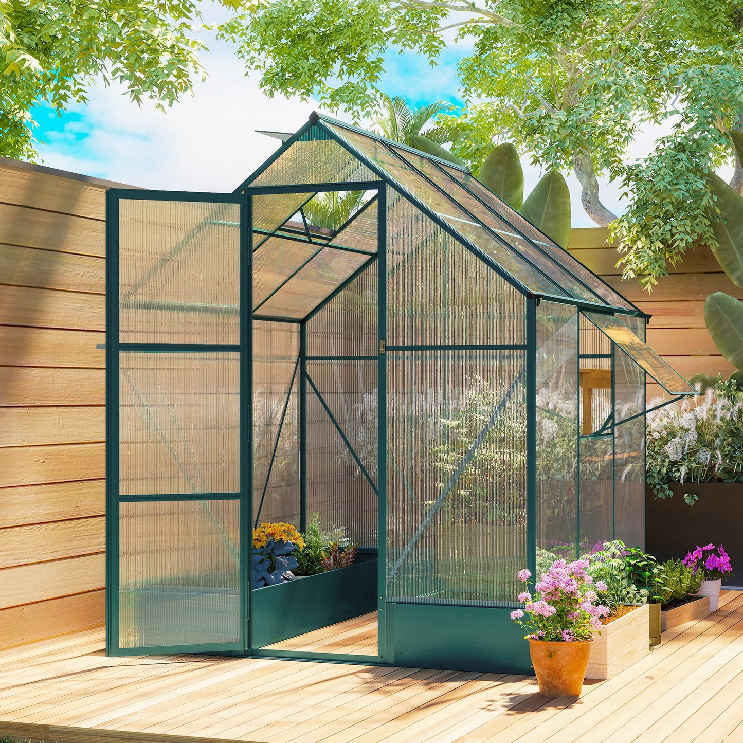 6x6 FT Polycarbonate Greenhouse with Base and Raised Bed