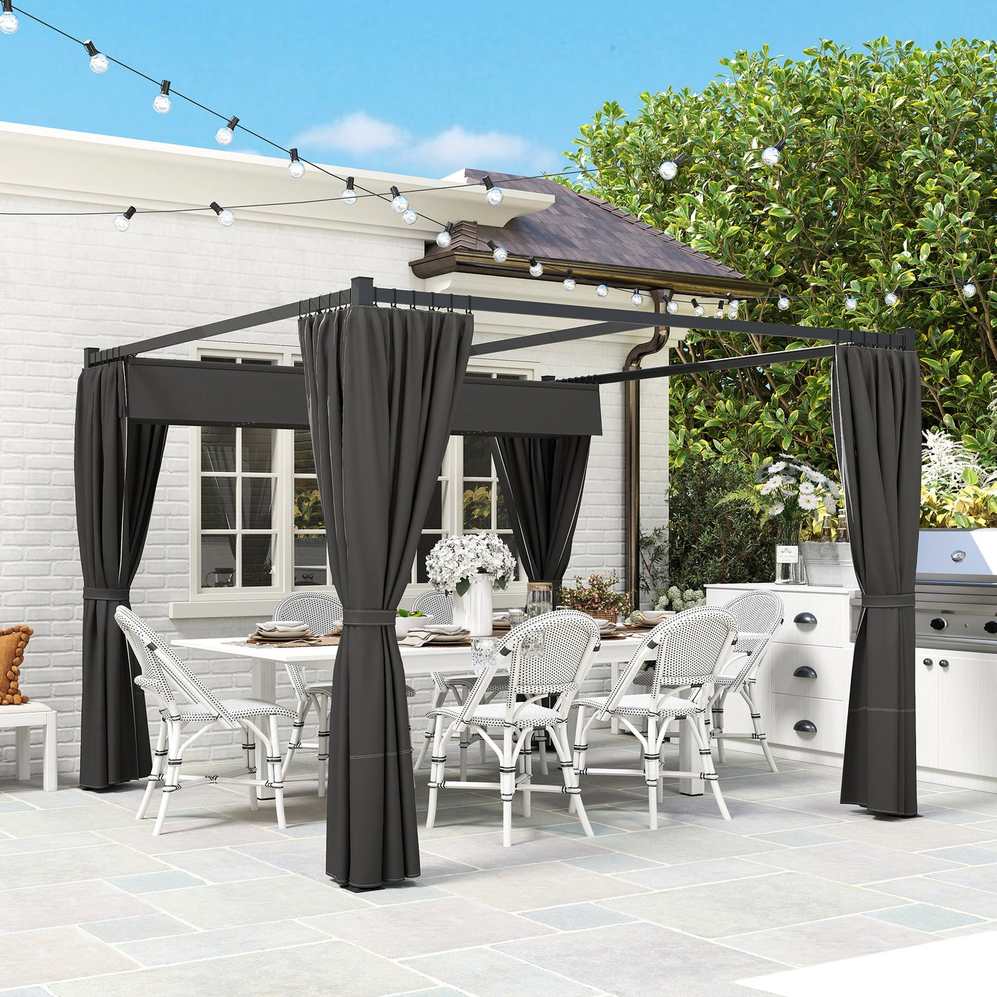 3 x 3(m) Retractable Pergola, Garden Gazebo Shelter with Curtains