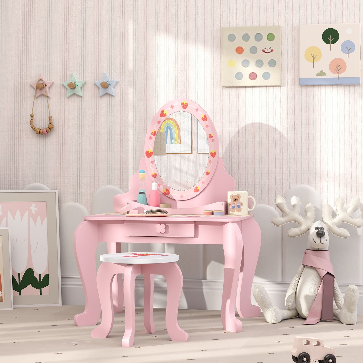 Kids Dressing Table Set, Vanity Table with Stool, Mirror, Drawer (1)