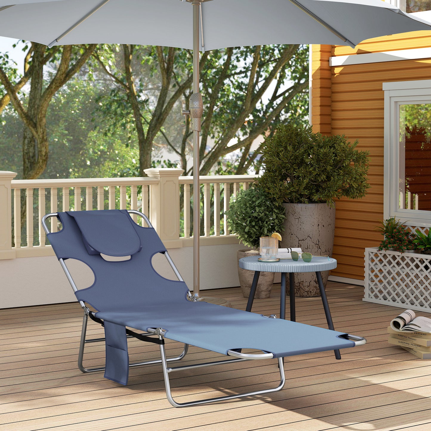 5-Position Adjustable Sun Lounger with Reading Hole and Side Pocket