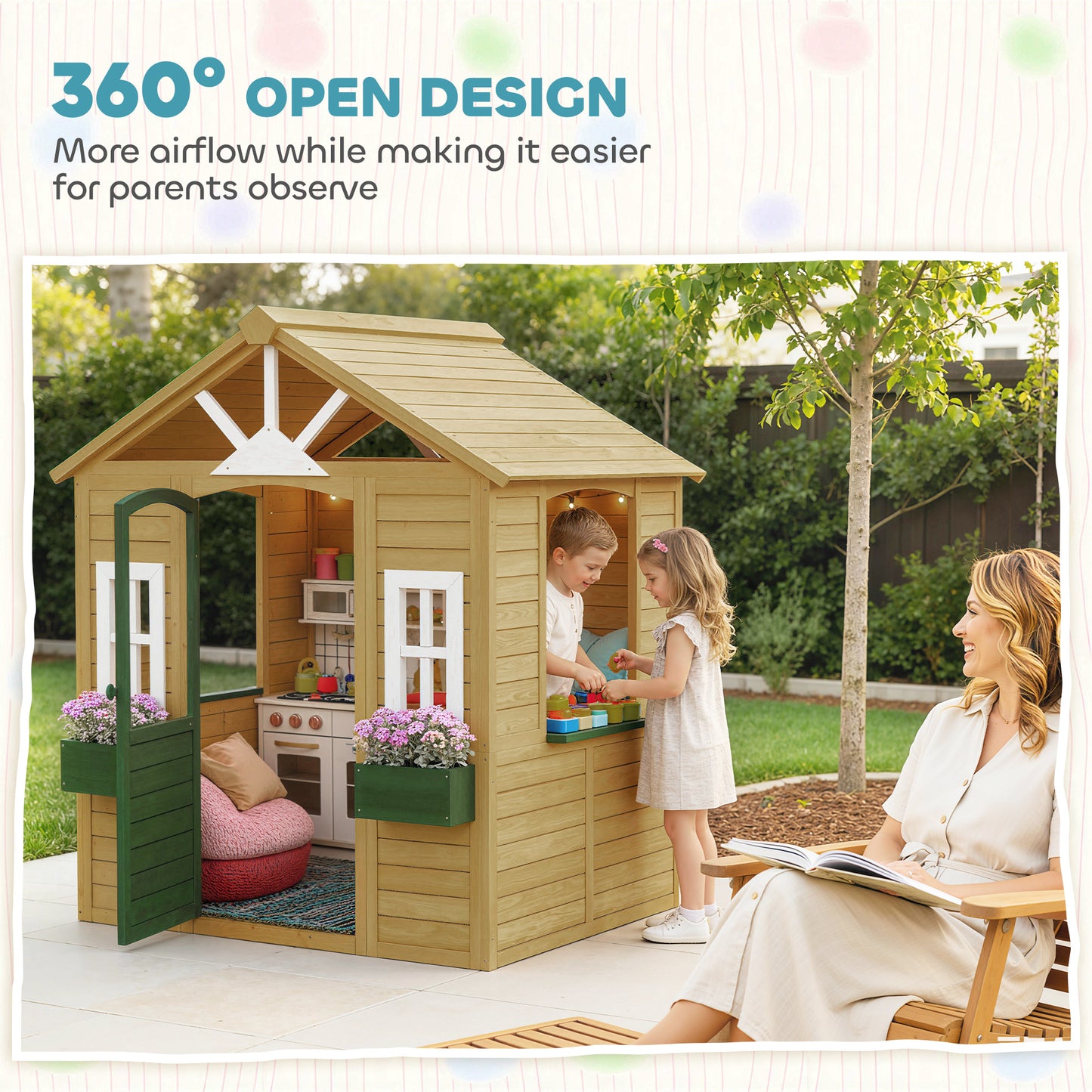 Outdoor Kids Playhouse, Wooden Wendy House with Door, 3 Windows