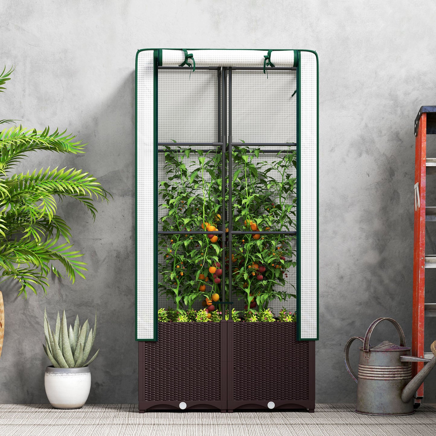 Raised Garden Bed with Trellis, Plastic Planter Box with PE Cover