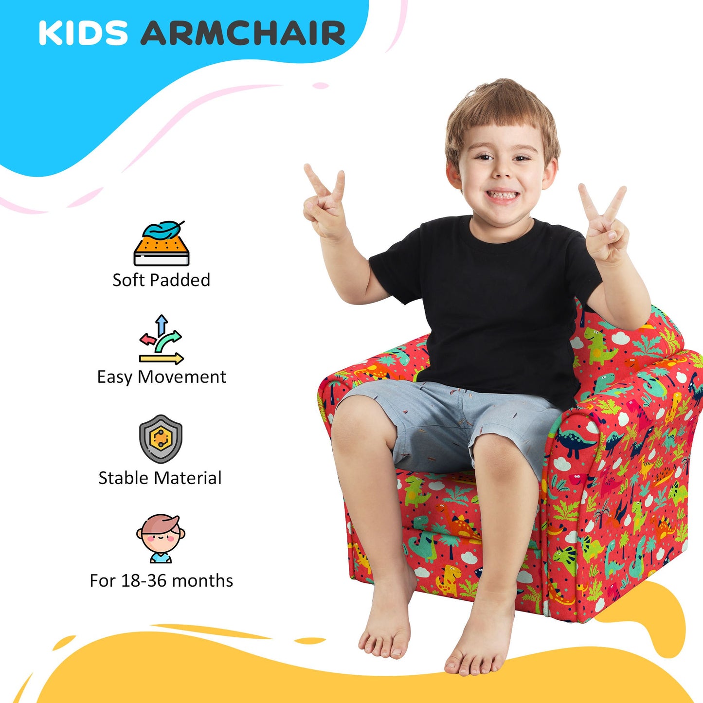 Kids Armchair with Dinosaur Design, Wooden Frame, for Bedroom