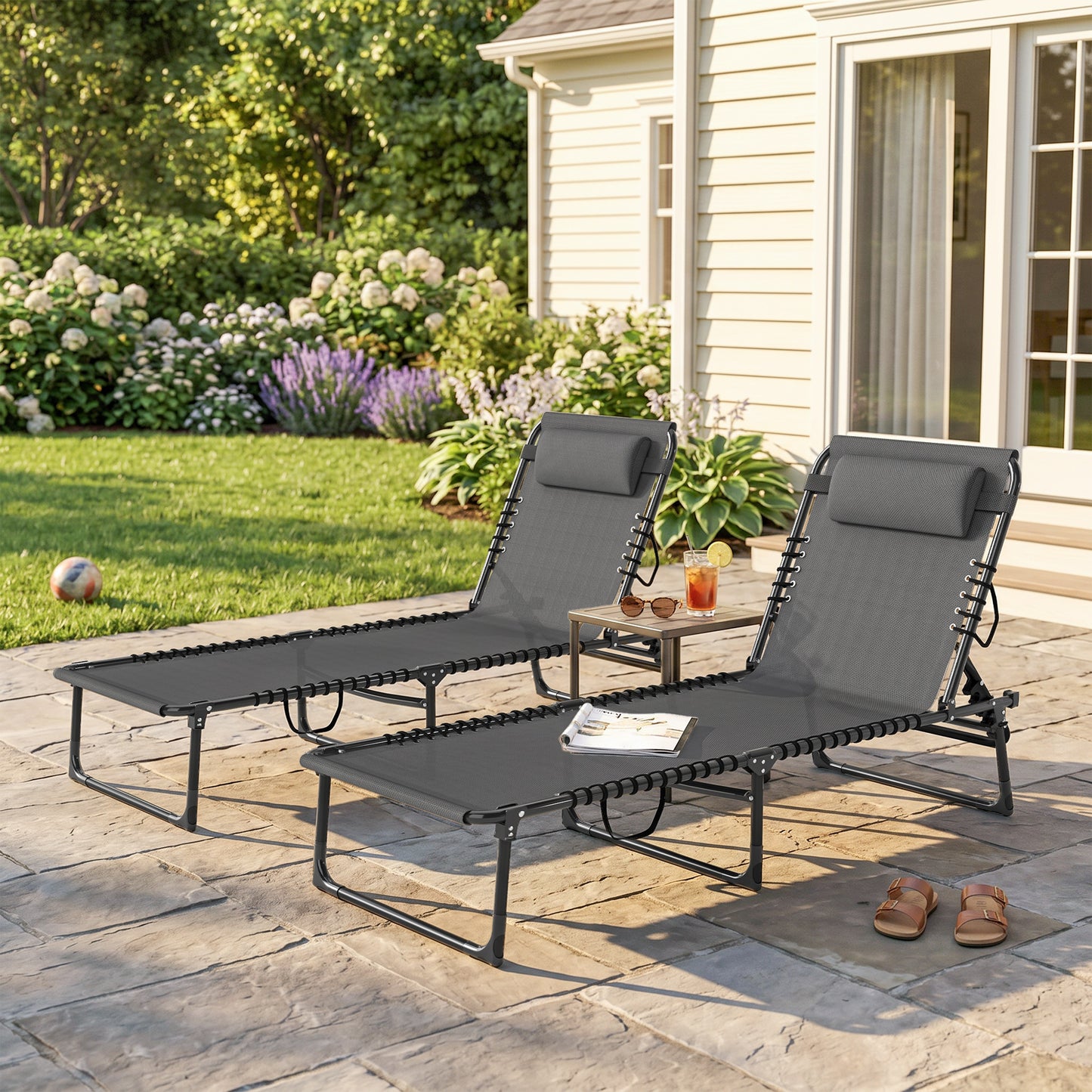 Set of Two Folding Sun Loungers, with Four-Position Backs