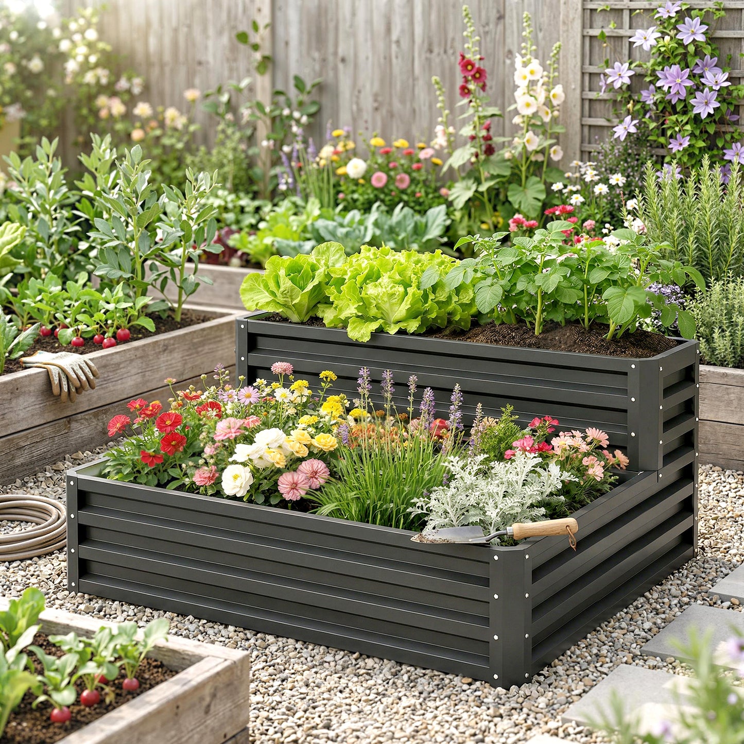 2 Tier Raised Garden Bed, Galvanised Planter Box with Open Bottom