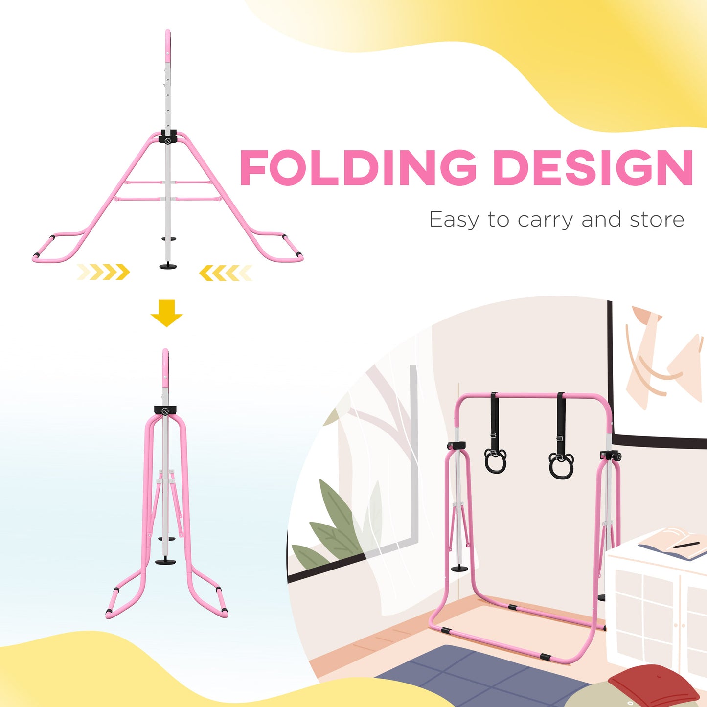 Adjustable Height, Foldable Kids Gymnastics Bar w/ Non-slip Rubber