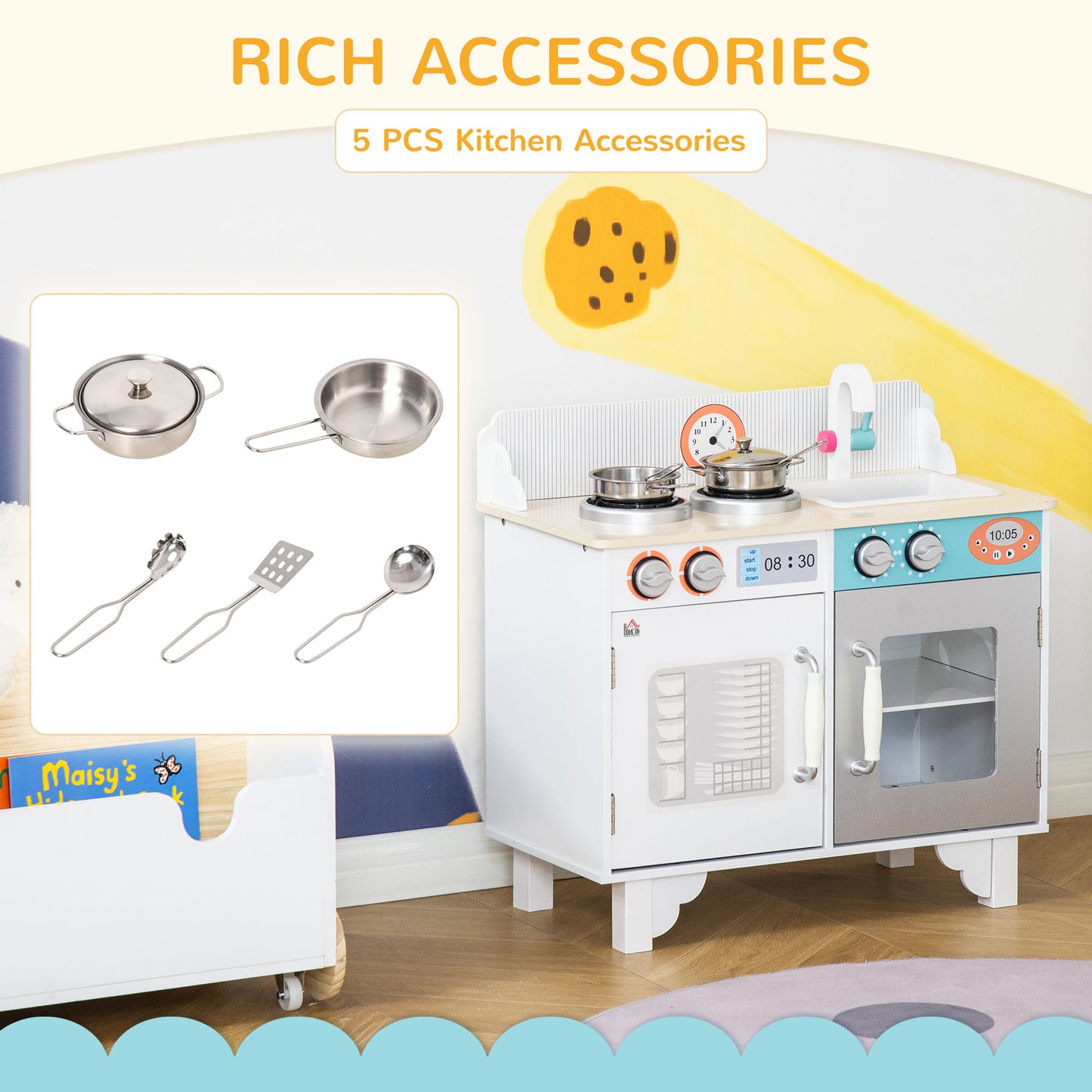 Kids Wooden Play Kitchen Toy Cooking Set Pretend Role Playset, with