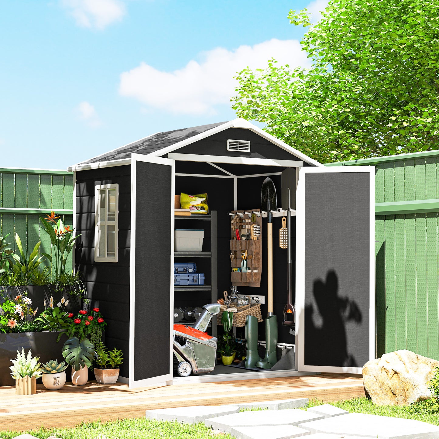 6'x4.5' Garden Storage Shed, Lockable Garden Shed with Double Doors