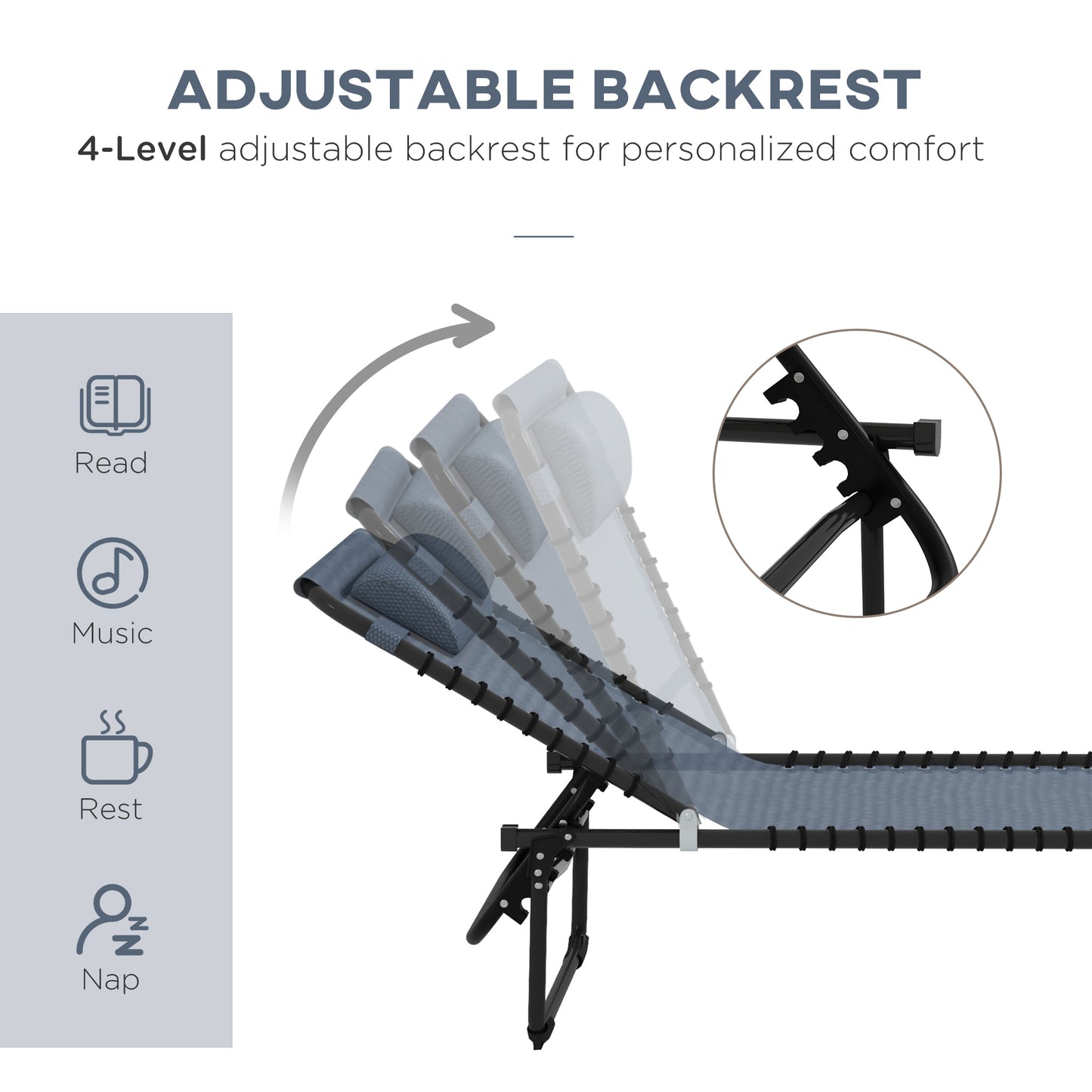 Foldable Sun Lounger, Outdoor 4 Level Adjustable Backrest Reclining