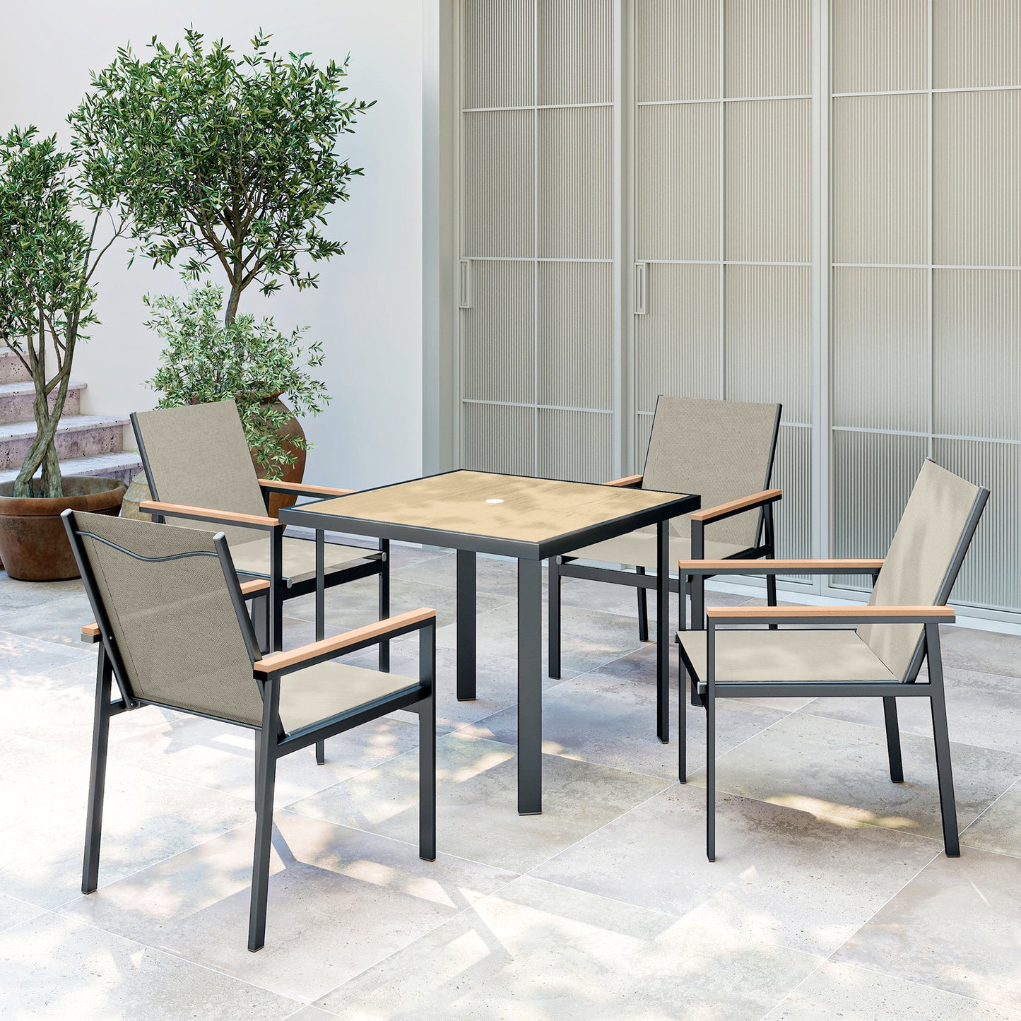 Five-Piece Metal Dining Set, with Glass-Top Table