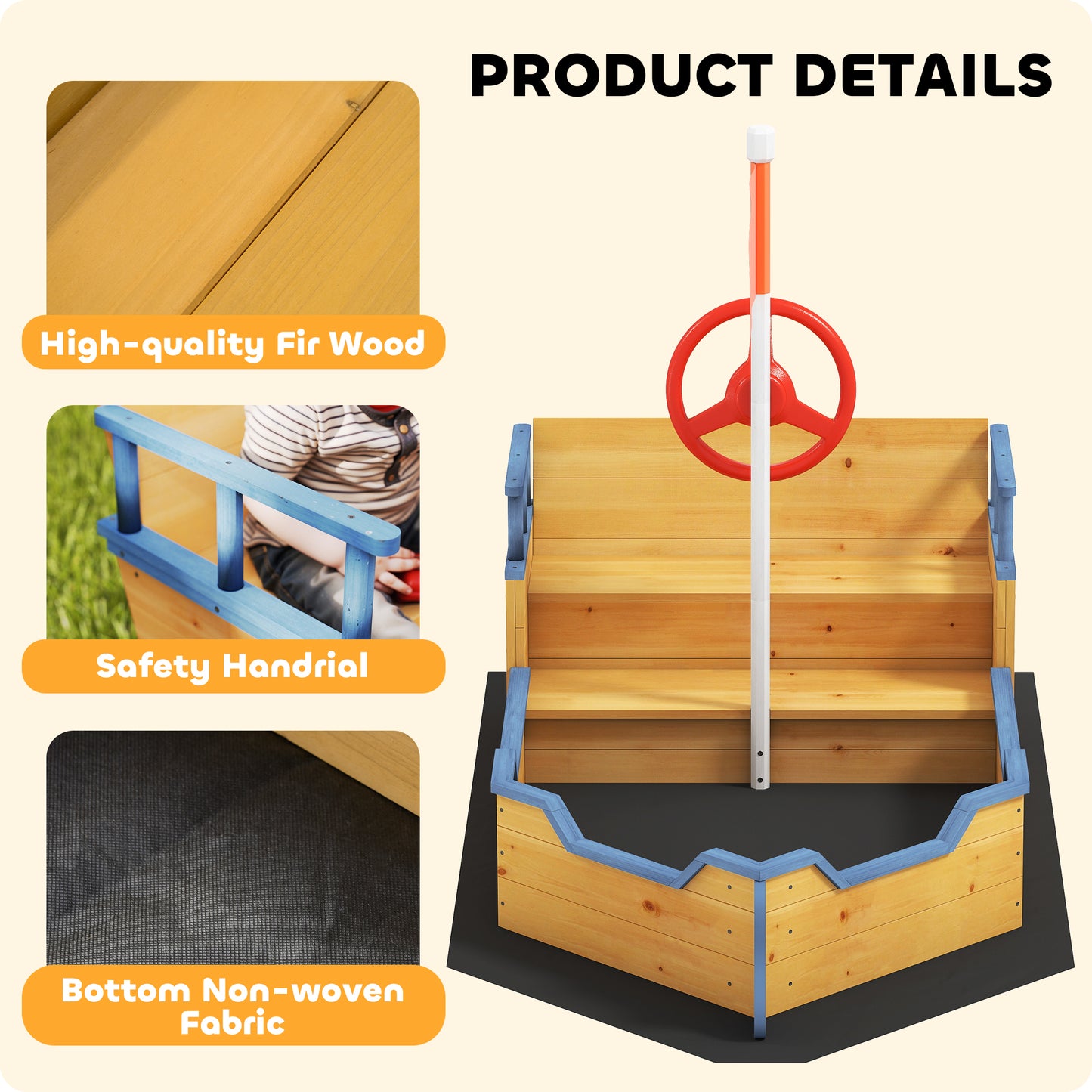 Kids Sand Pit, Children Pirate Ship Sandbox with Bench, Bottom Liner