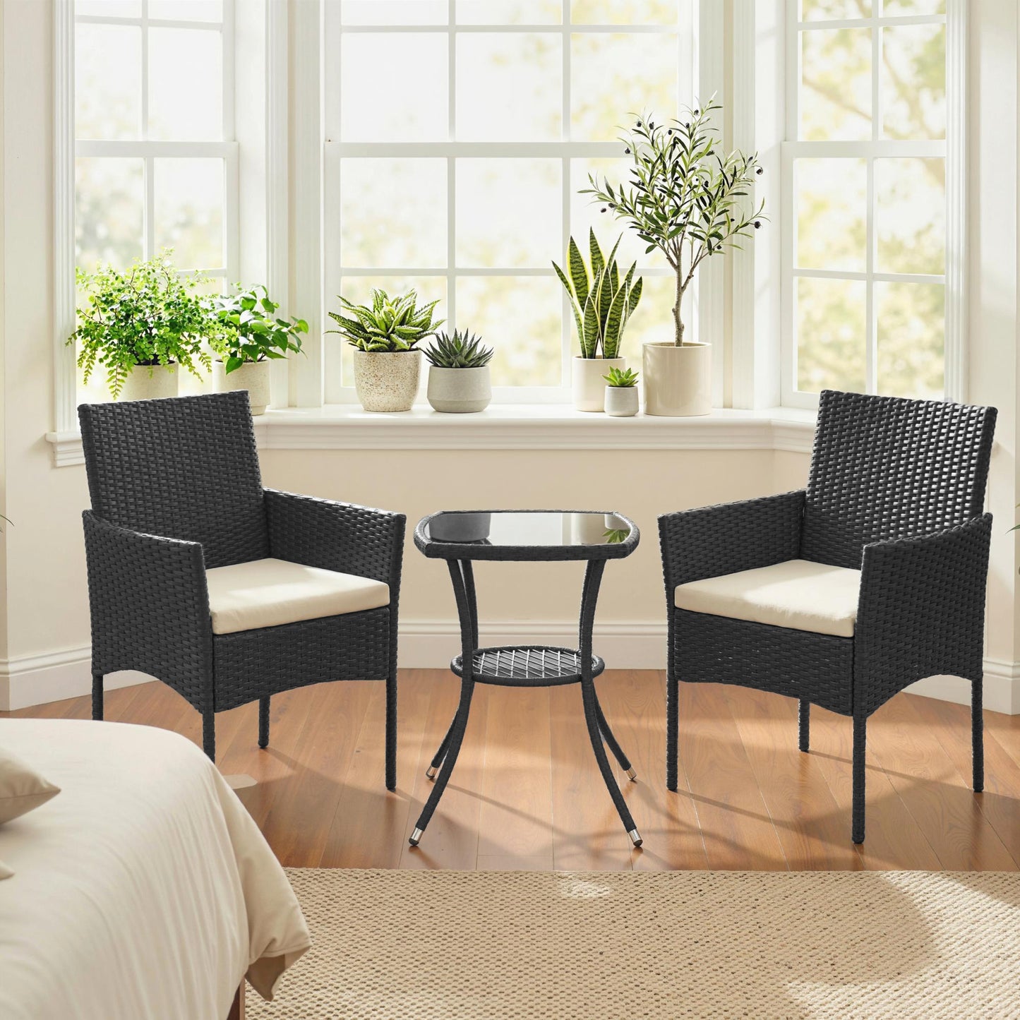 3 Piece Rattan Bistro Set, PE Wicker Garden Furniture Conversation