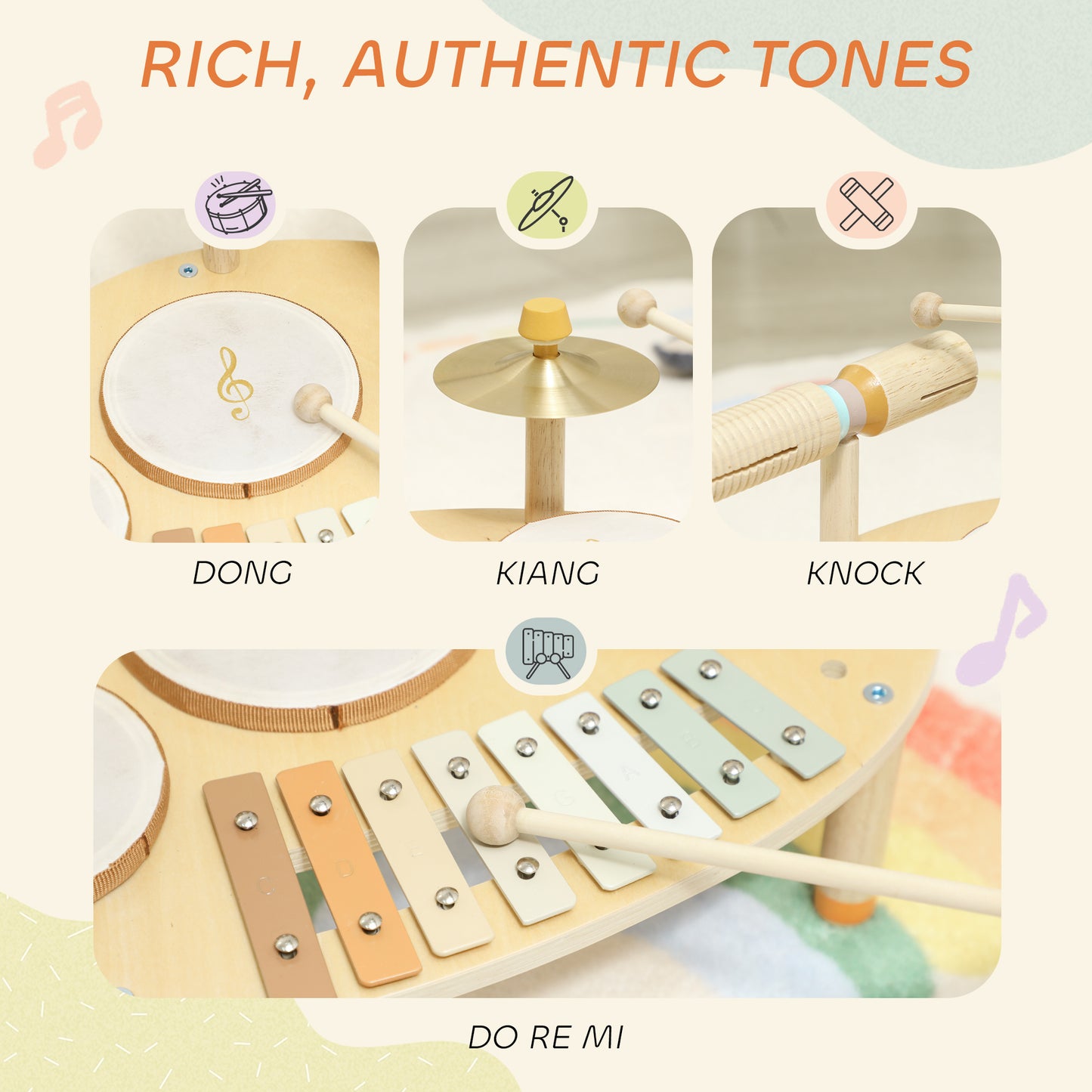 Baby Drum Kit, Wooden Kids Musical Instruments with Drums