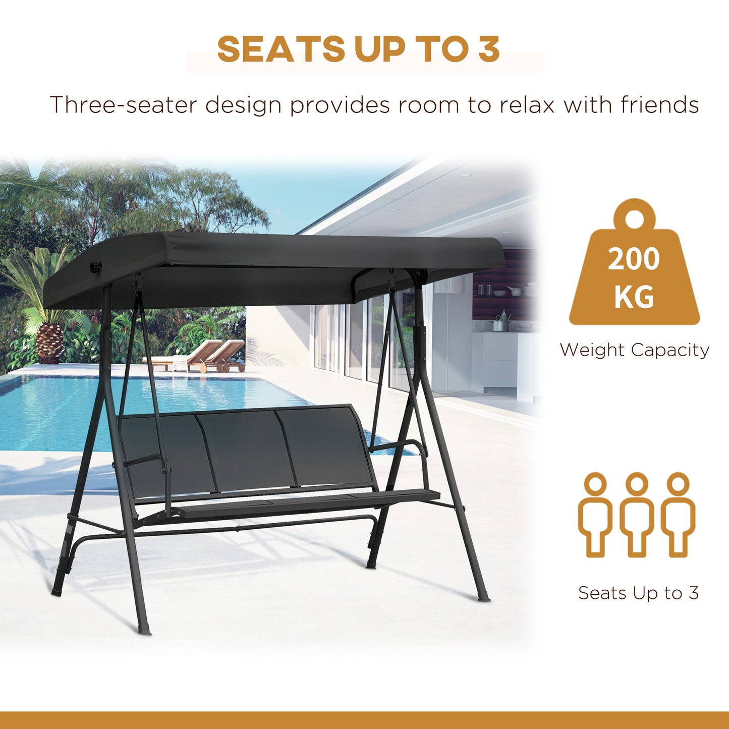Three-Seater Garden Swing Chair, with Canopy