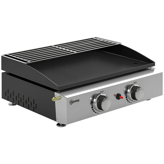 2 Burner Grill Griddle, Portable Gas Plancha with Warming Rack, 5 kW