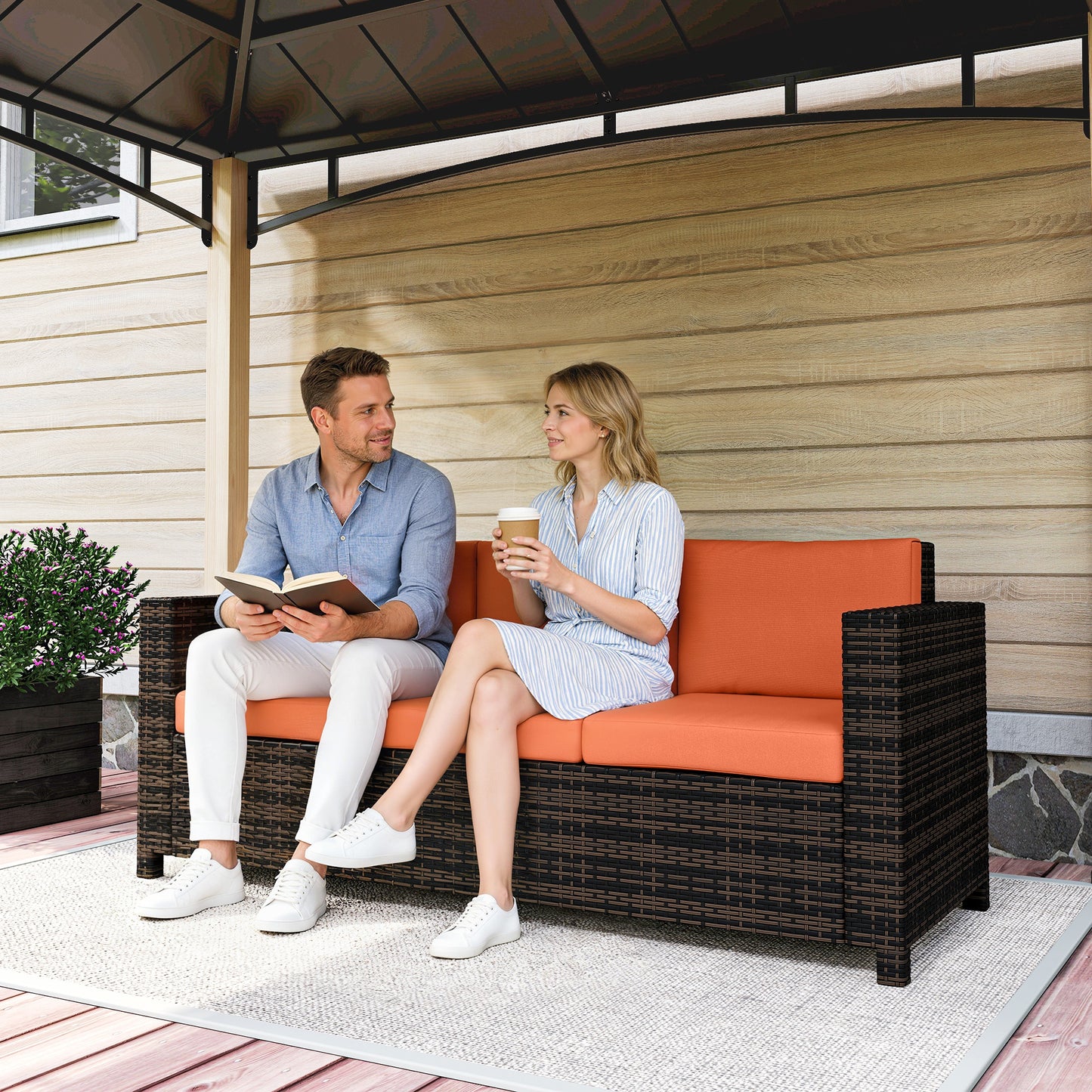 3 Seater Rattan Sofa All-Weather Wicker Weave Metal Frame Chair (1)