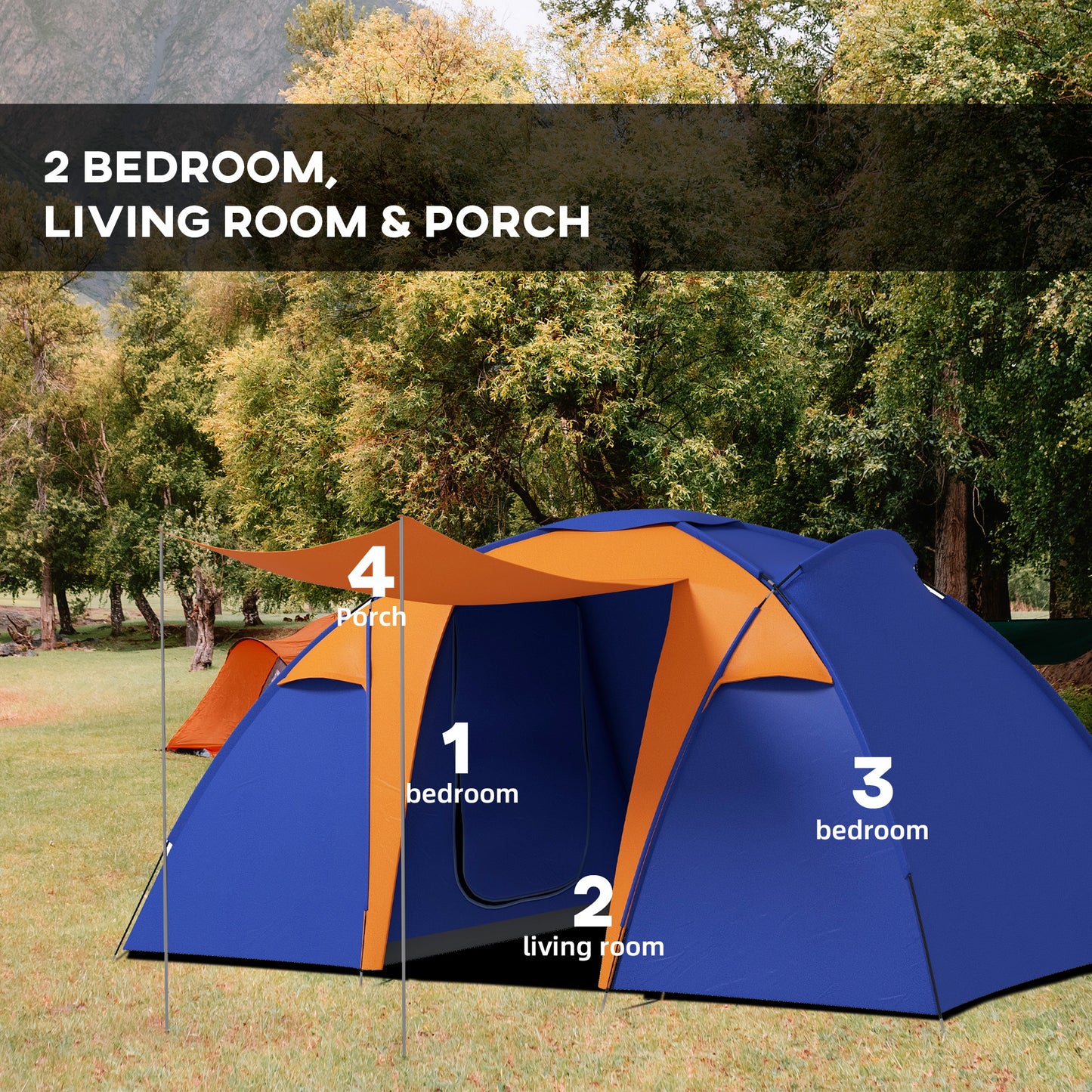 Camping Tent with 2 Bedroom, Living Area and Porch