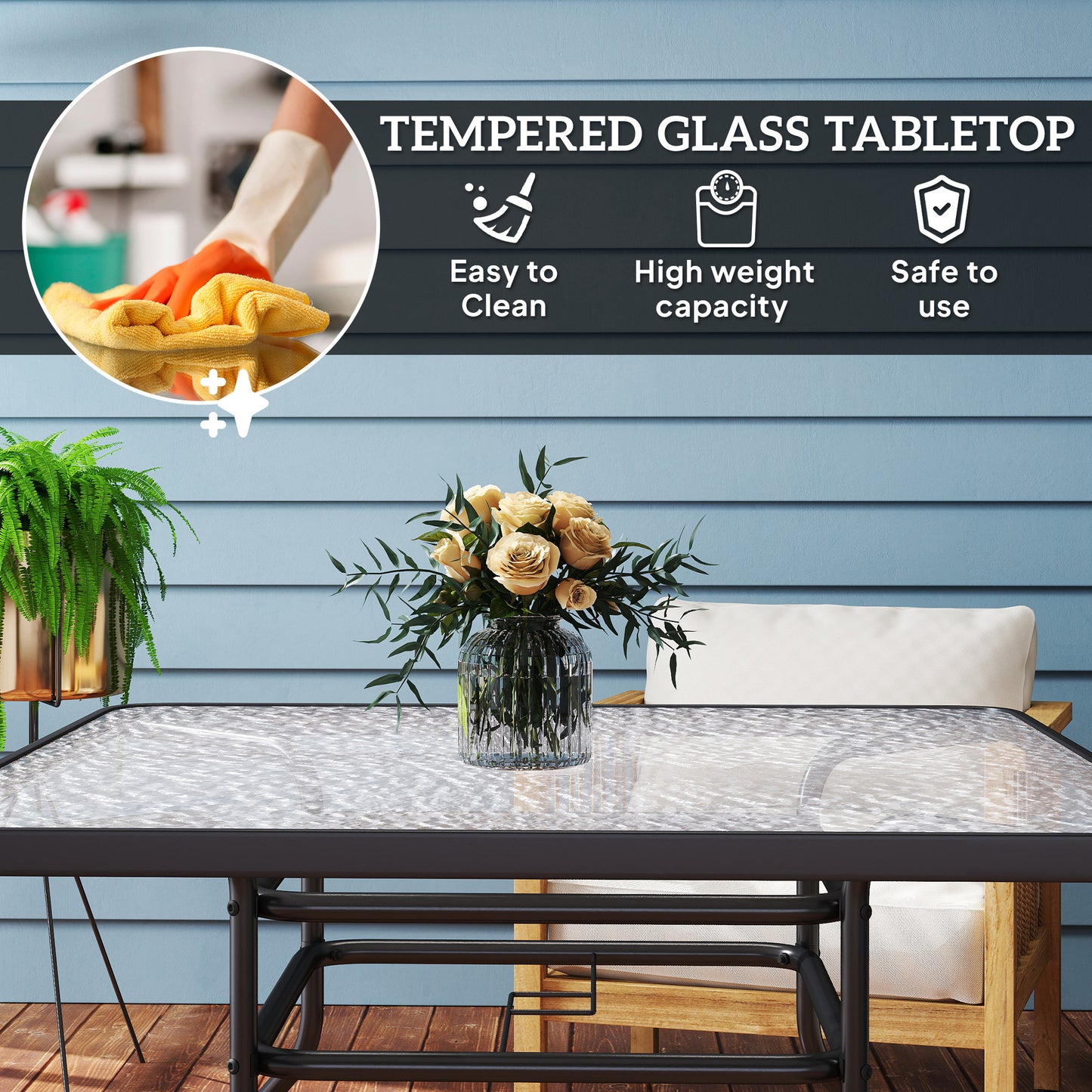 Square Garden Dining Table with Tempered Glass Top & Umbrella Hole (1)