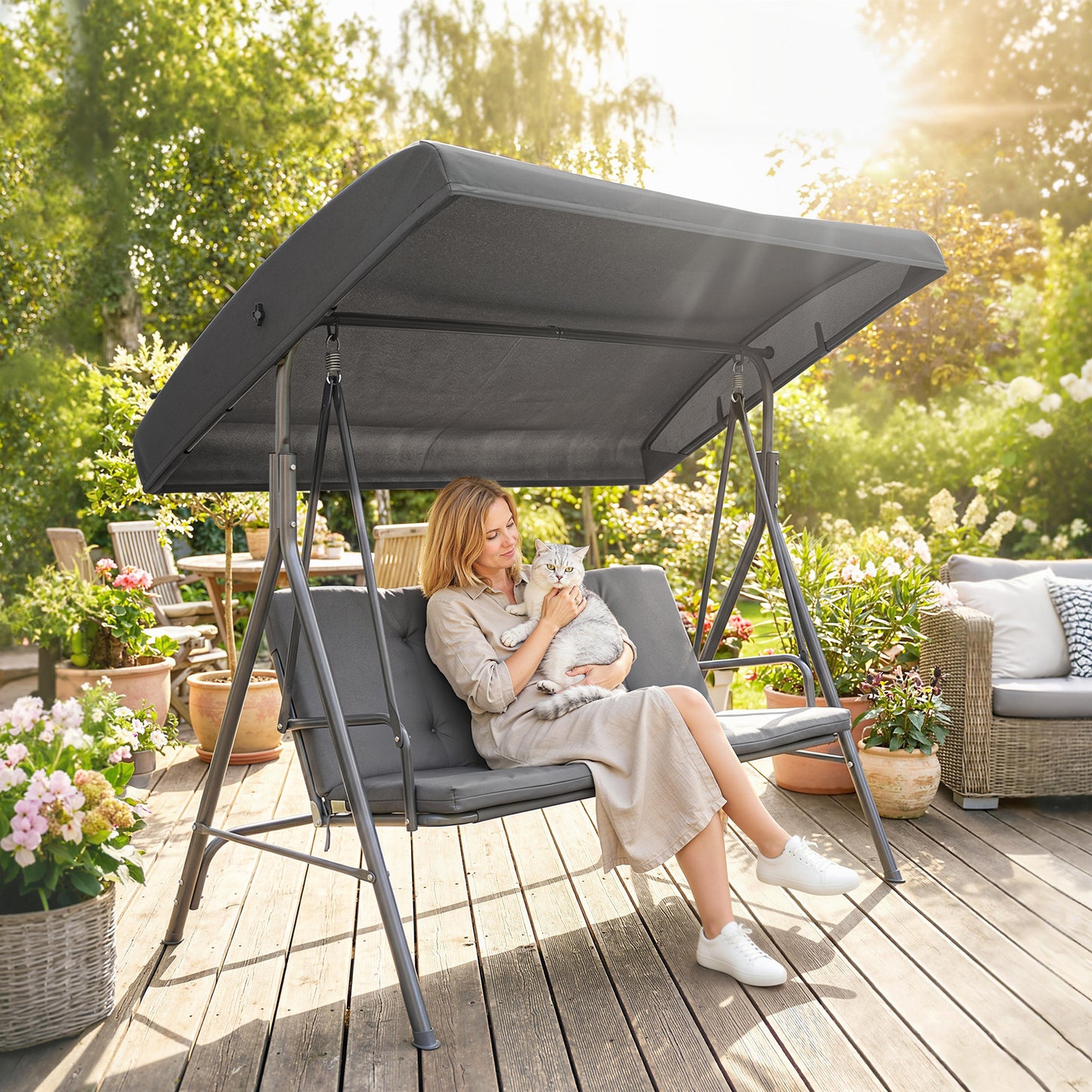 3 Seater Garden Swing Chair, Patio Rocking Bench with Tilting Canopy
