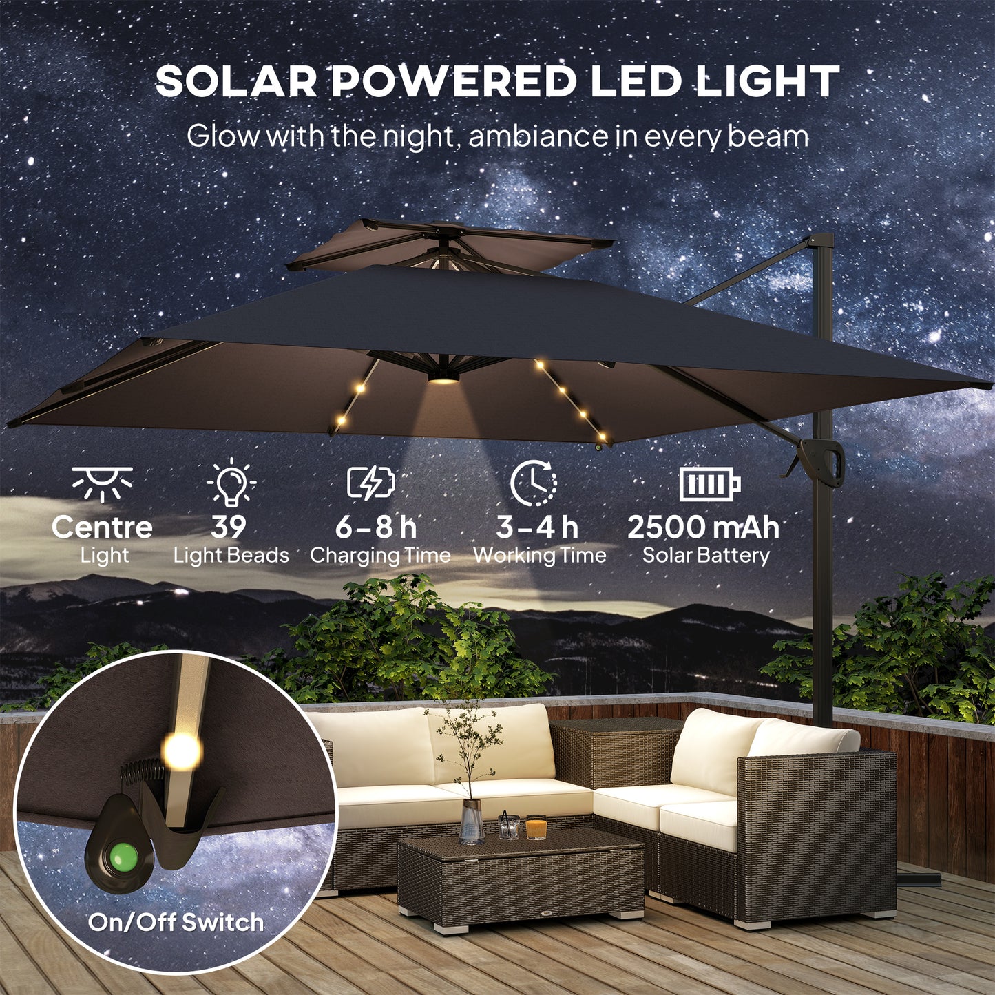 3.5x3 m Garden Cantilever Parasol with Solar LED Lights