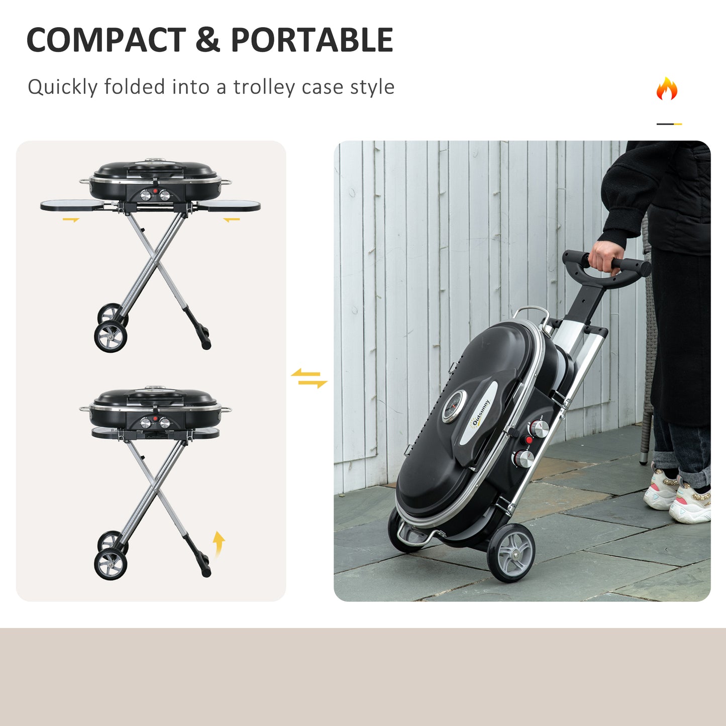 Foldable Gas BBQ Grill 2 Burner Garden Barbecue Trolley w/ Lid Side