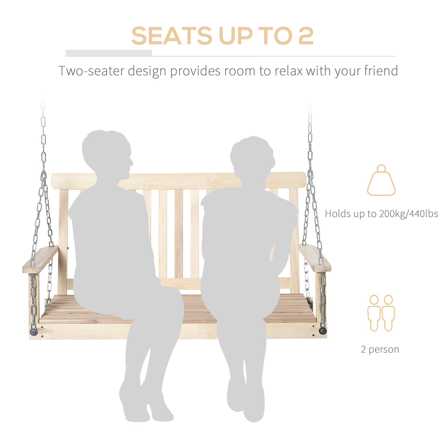 Outdoor Wooden Swing Bench 2-Seater Porch Swing Chair Hanging