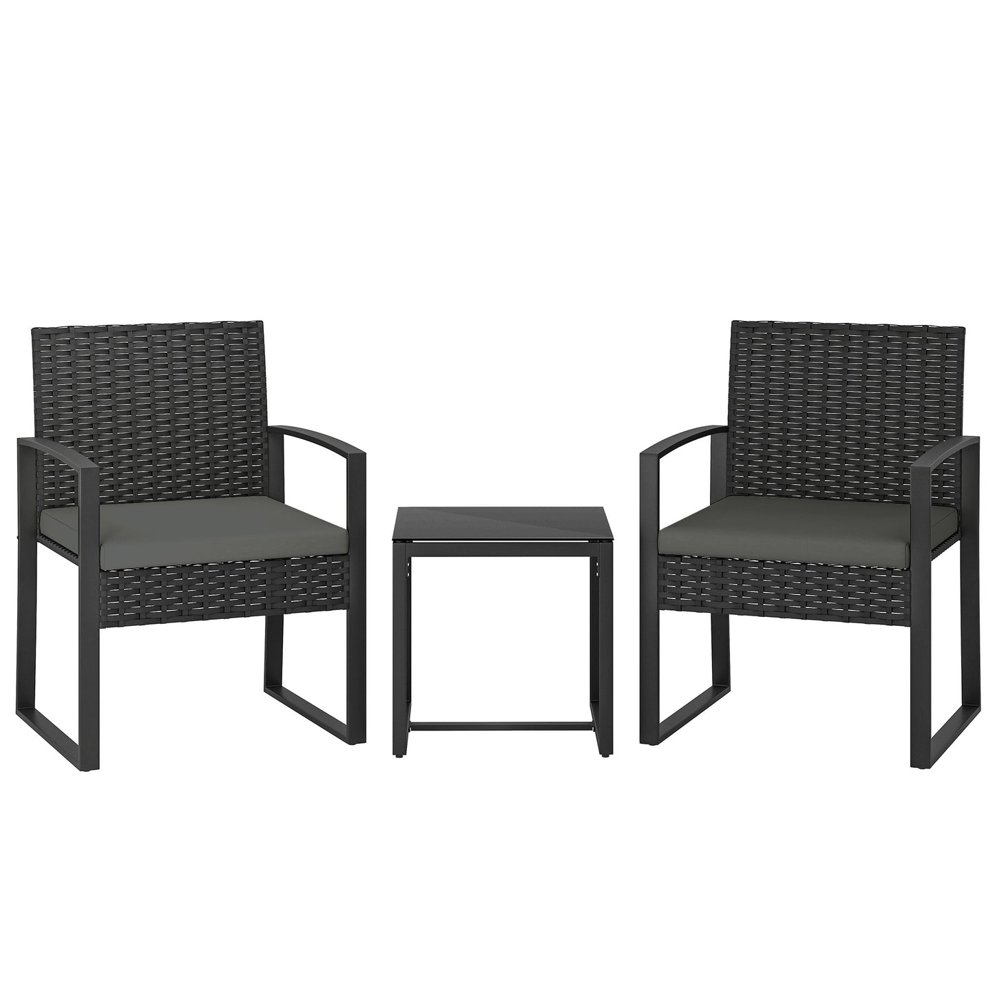 Rattan Bistro Set, 3 Piece Garden Furniture Set with Glass Top Table