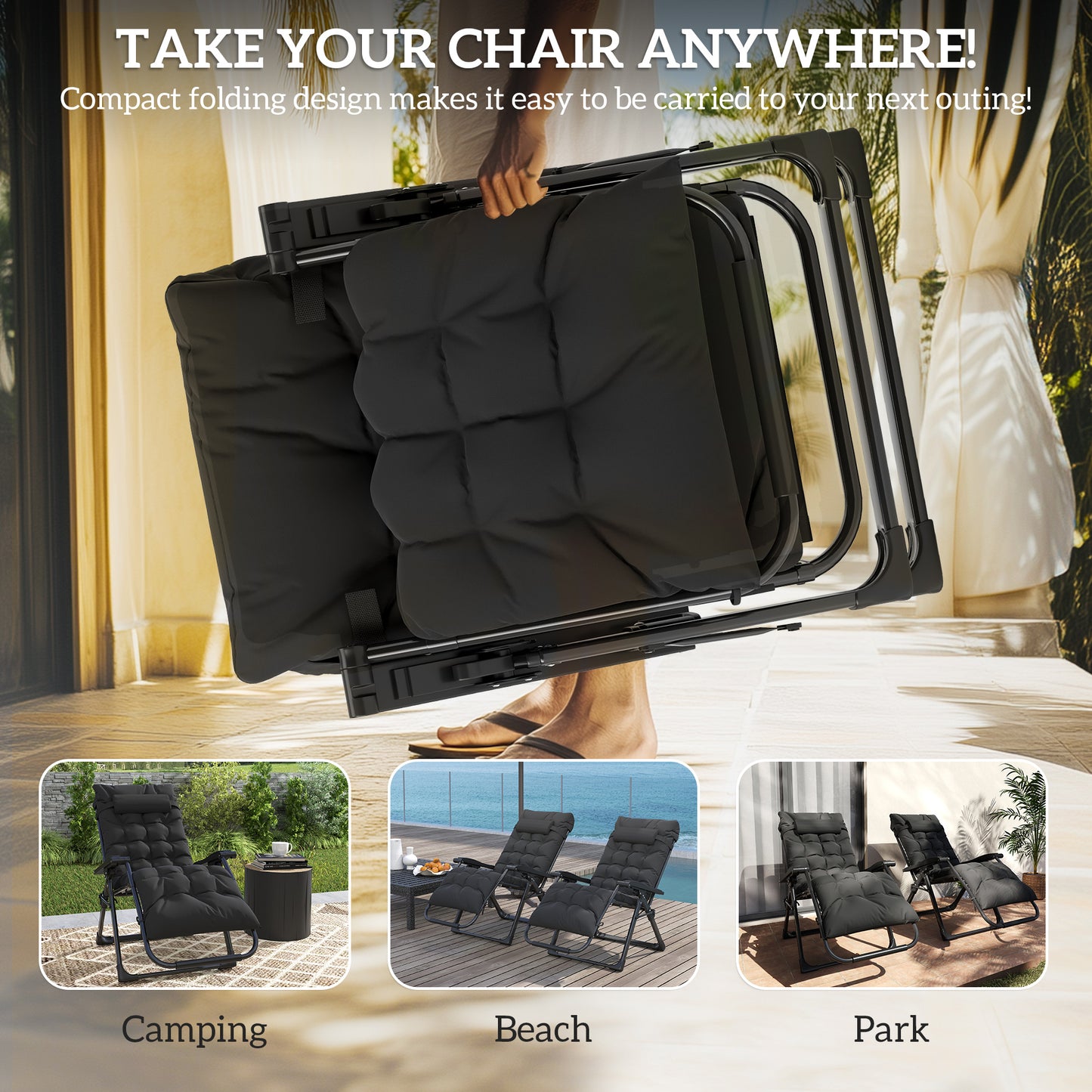 2 Piece Reclining Zero Gravity Sun Loungers with Cushions