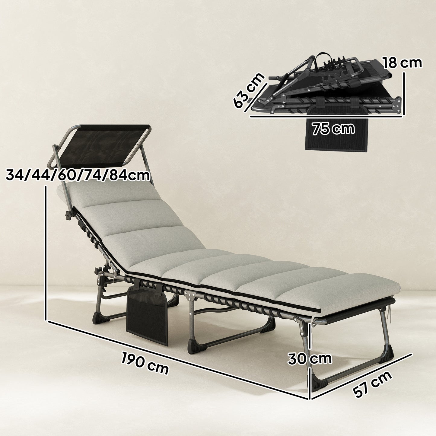 Folding Sun Lounger with Canopy, Reclining Sunbed with Cushion