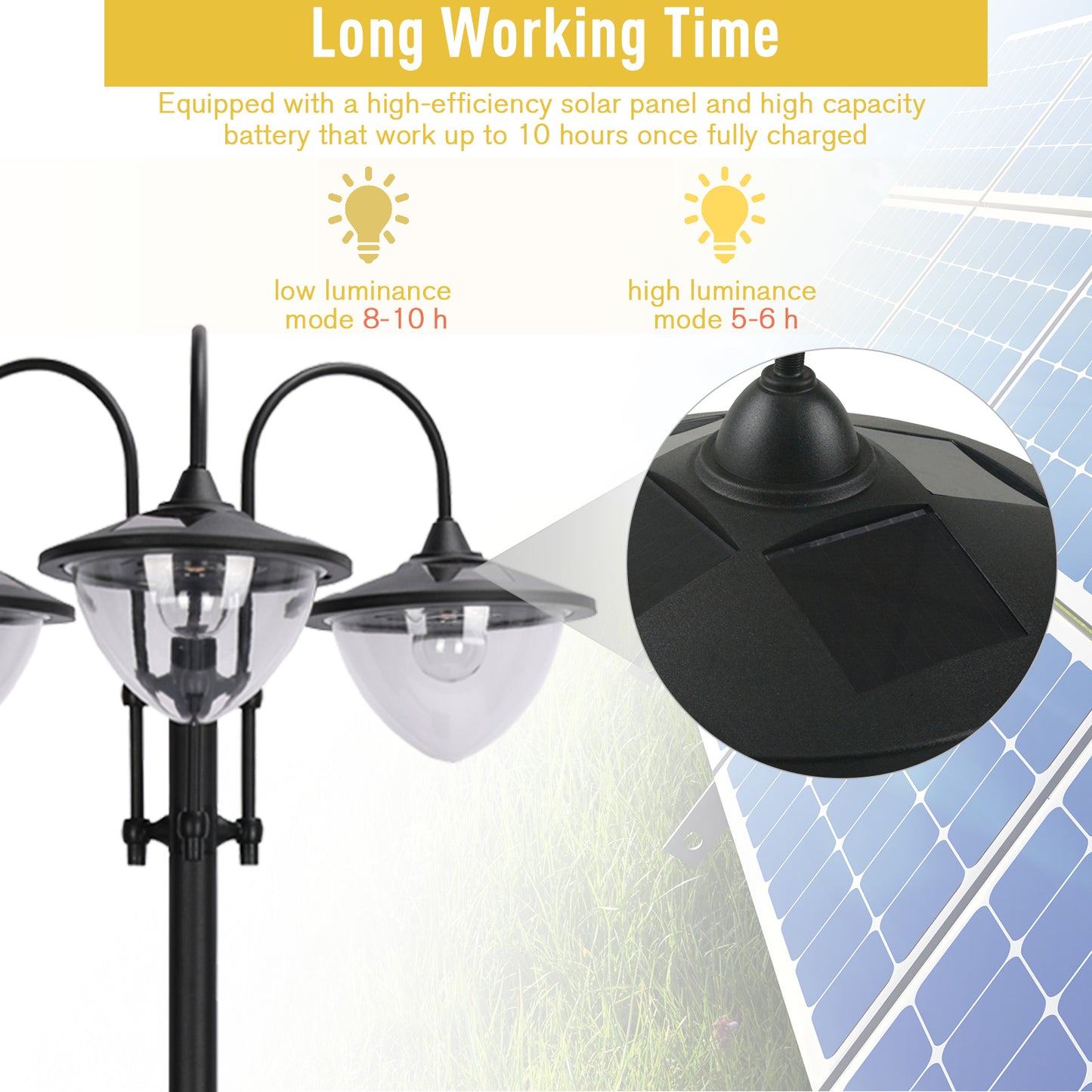 189cm 3-head Solar Lamp Post, Street Light with Planter