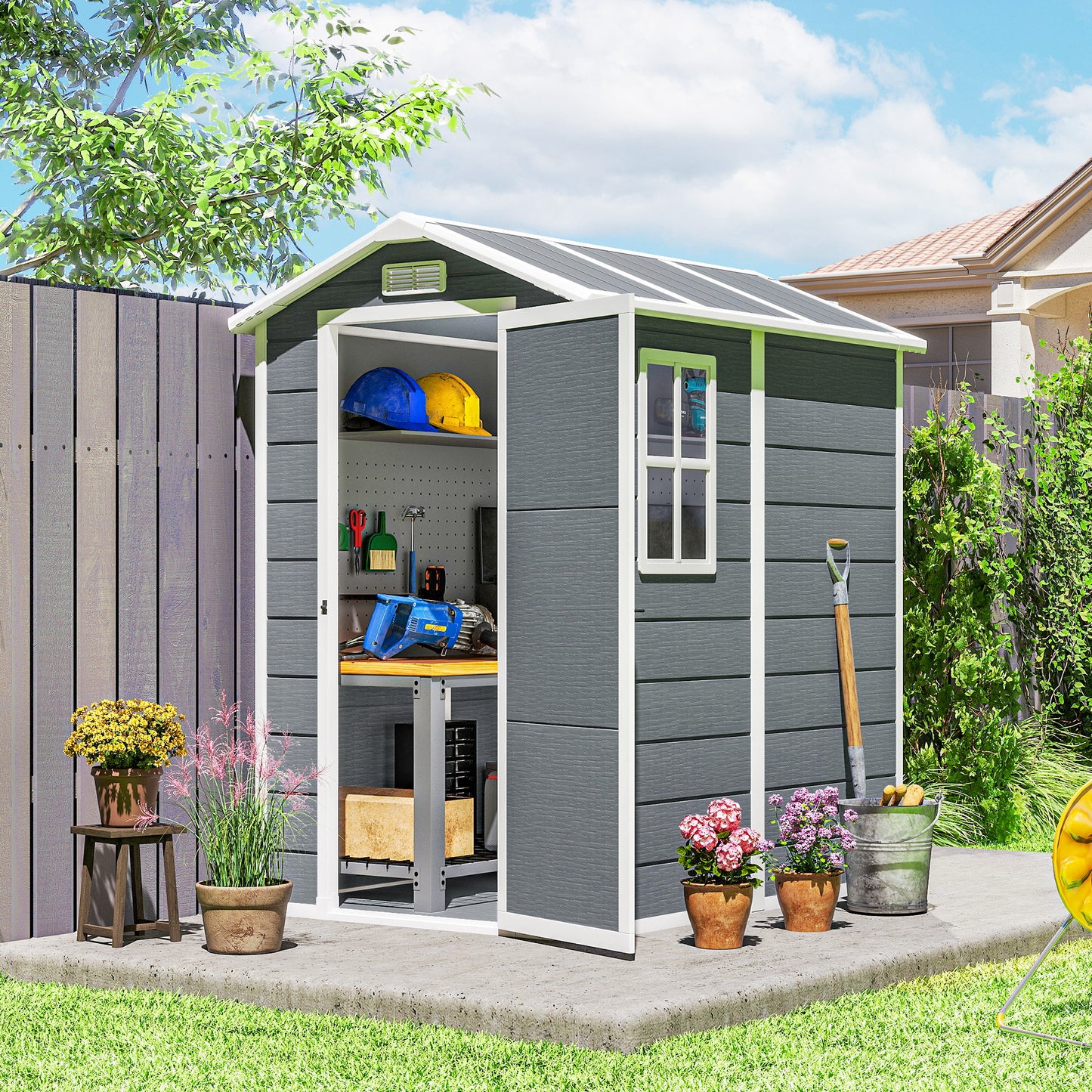 4 x 6ft Garden Shed, Plastic Shed with Floor, Window