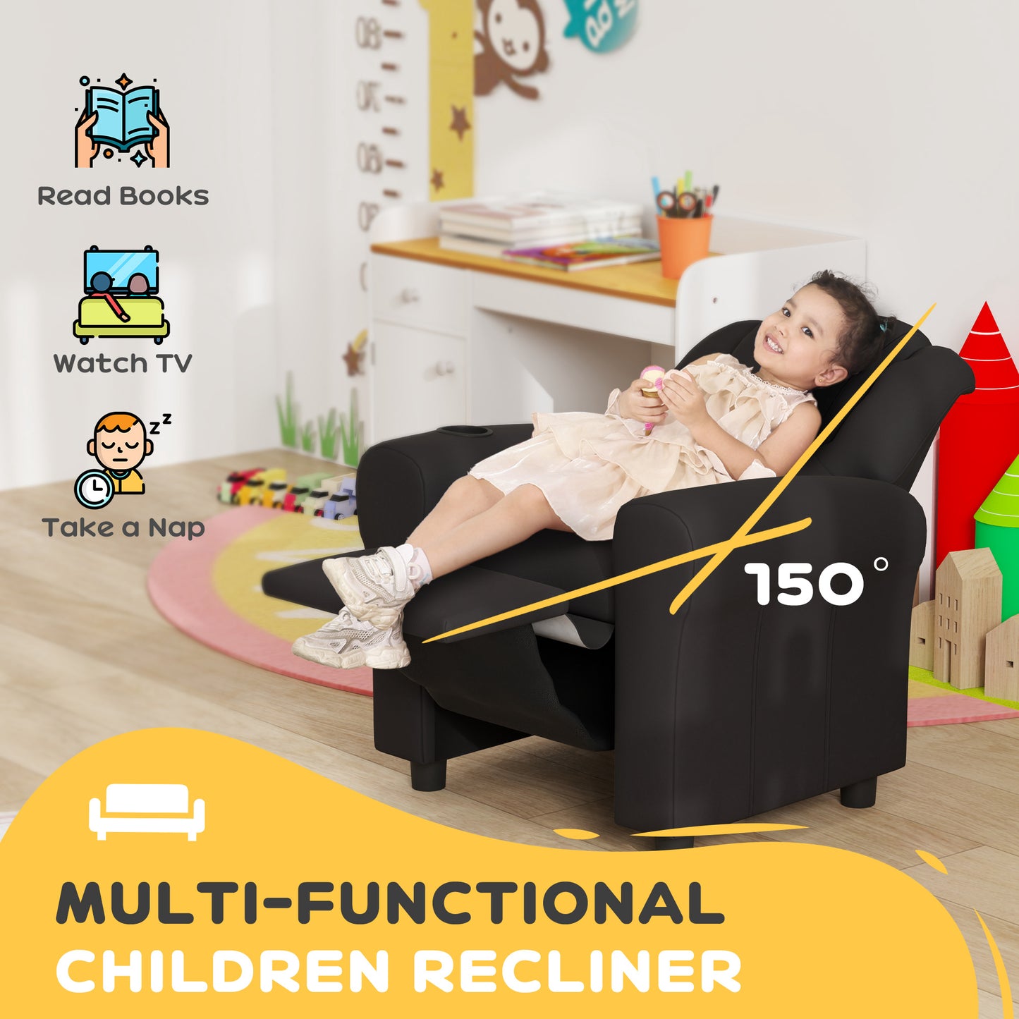 Kids Recliner Chair, PU Leather with Adjustable Backrest, Footrest